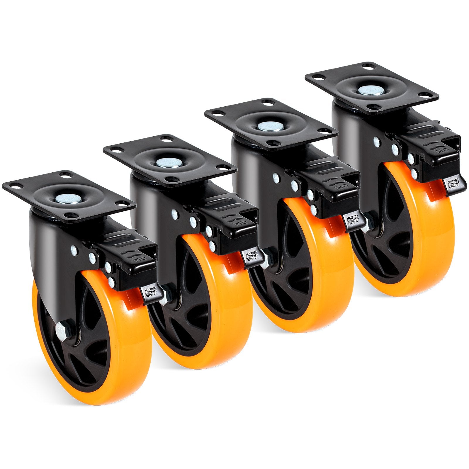 Caster Wheels, 127 mm Swivel Plate Casters, Set of 4, with Security A/B Locking No Noise PVC Wheels, Heavy Duty 204 kg Load Capacity Per Caster, Non-Marking Wheels for Cart Furniture Workbench