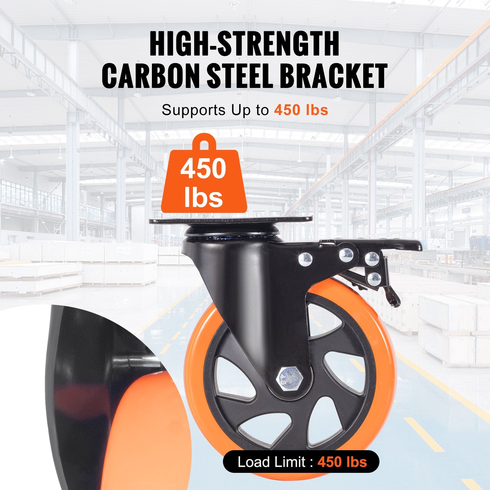 Caster Wheels, 127 mm Swivel Plate Casters, Set of 4, with Security A/B Locking No Noise PVC Wheels, Heavy Duty 204 kg Load Capacity Per Caster, Non-Marking Wheels for Cart Furniture Workbench