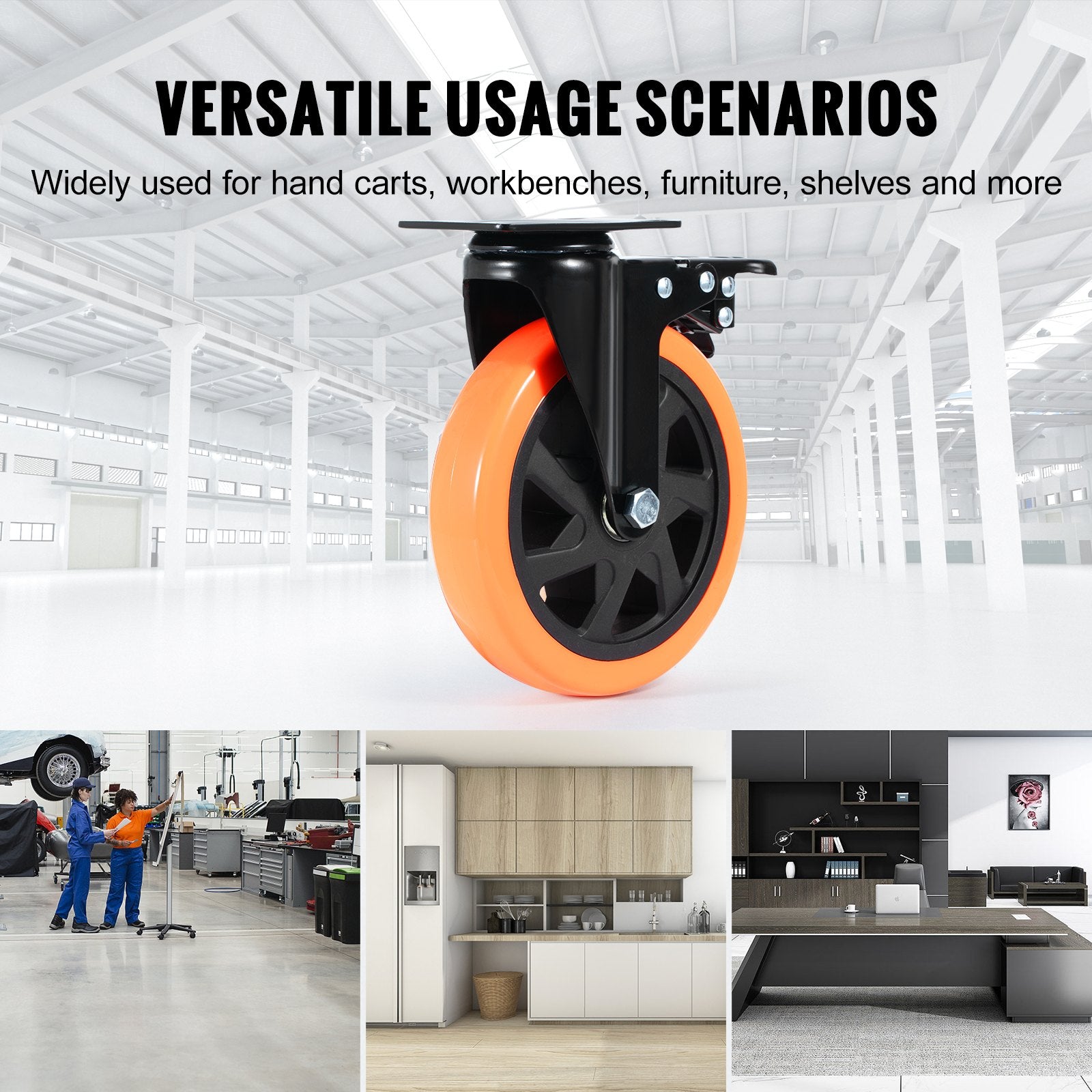 Caster Wheels, 152.4 mm Swivel Plate Casters, Set of 4, with Security A/B Locking No Noise PVC Wheels, Heavy Duty 318 kg Load Capacity Per Caster, Non-Marking Wheels for Cart Furniture Workbench