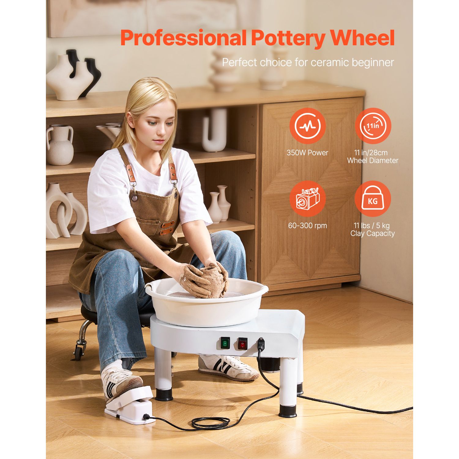 28cm Pottery Wheel Ceramic Machine 350W 60-300RPM Foot Pedal DIY Kit