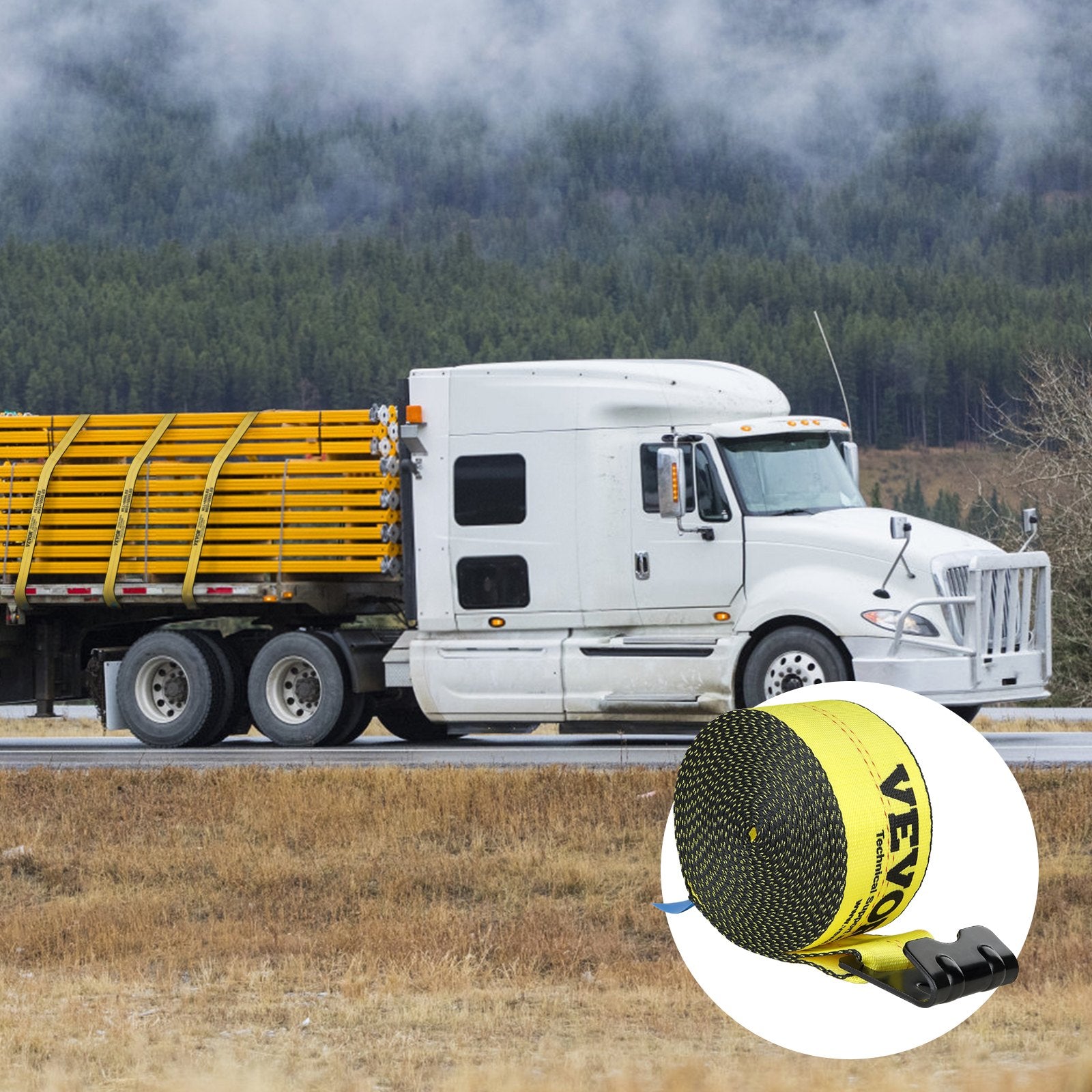 Winch Straps, 10.2 cm x 9.1 m, 2.7T Load Capacity, 8.2T Break Strength, Truck Straps with Flat Hook, Flatbed Tie Downs Cargo Control for Trailers, Farms, Rescues, Tree Saver, Yellow (10 Pack)