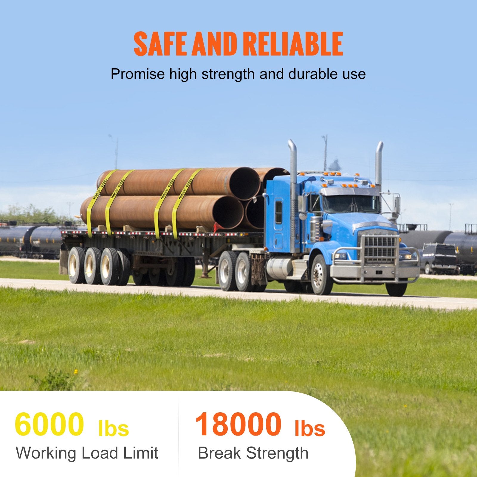 VEVOR Winch Straps, 10.2 cm x 12.2 m, 2.7T Load Capacity, 8.2T Break Strength, Truck Straps with Flat Hook, Flatbed Tie Downs Cargo Control for Trailers, Farms, Rescues, Tree Saver, Yellow (10 Pack)