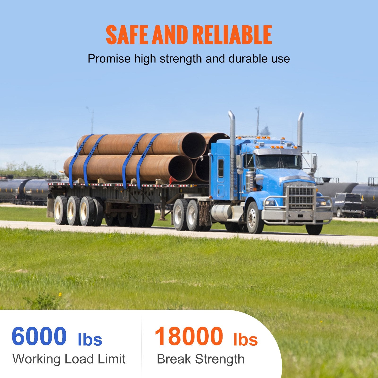 VEVOR Winch Straps, 10.2 cm x 9.1 m, 2.7T Load Capacity, 8.2T Breaking Strength, Truck Straps with Flat Hook, Flatbed Tie Downs Cargo Control for Trailers, Farms, Rescues, Tree Saver, Blue (10 Pack)