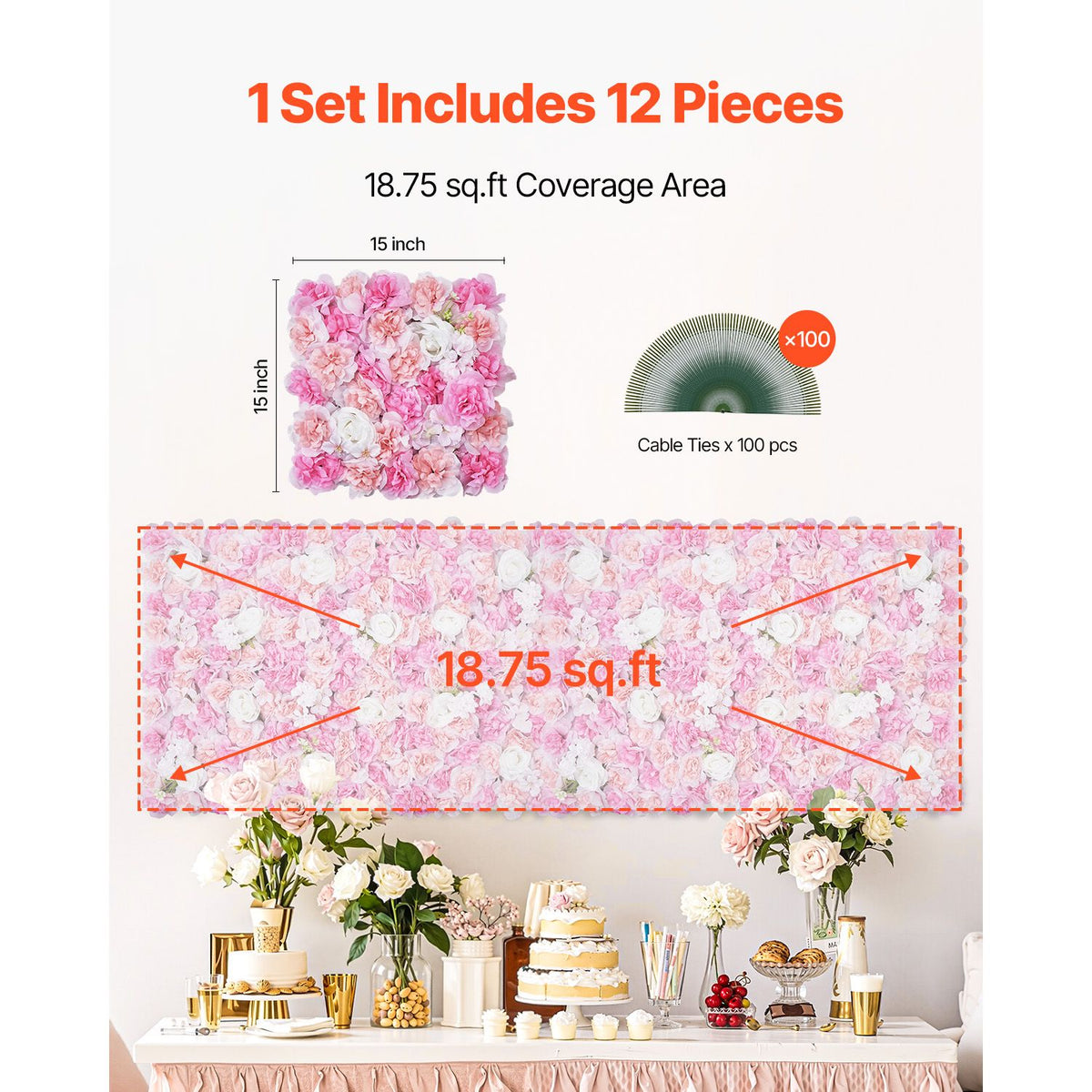 12PCS 3D Flower Wall Panels Pink Artificial Floral Backdrop Wedding Decor