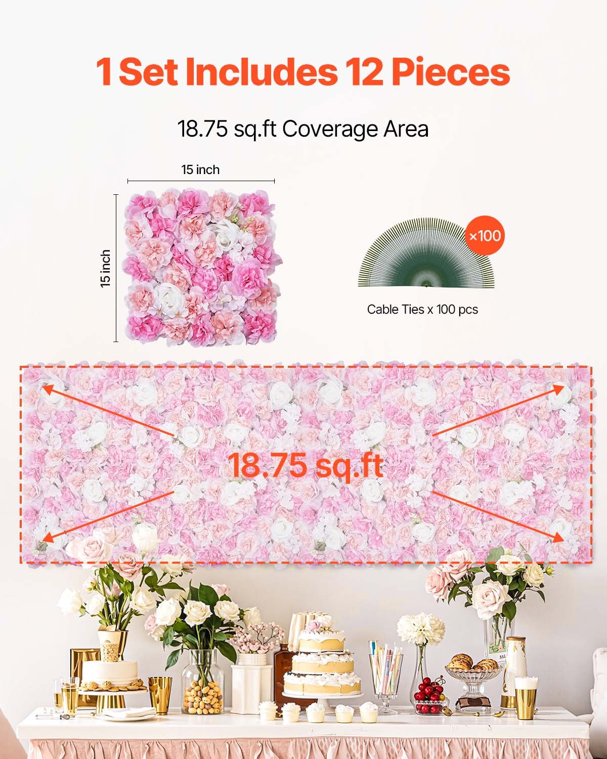3D Flower Wall Panel, 12 PCS 15 x 15 inch, Artificial Floral Wall Background Mesh Backing Mat,Seamless Design&Easy Installation for Wedding Valentines Day Home Ba Party Backdrop Decor,Pink