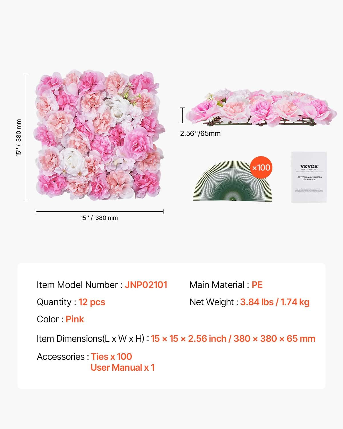 3D Flower Wall Panel, 12 PCS 15 x 15 inch, Artificial Floral Wall Background Mesh Backing Mat,Seamless Design&Easy Installation for Wedding Valentines Day Home Ba Party Backdrop Decor,Pink