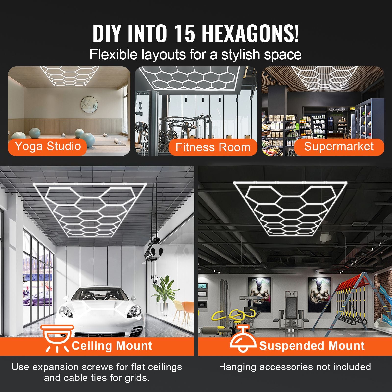 Hexagon Garage Lights 66300LM 15 Grids Honeycomb LED Shop Ceiling Light