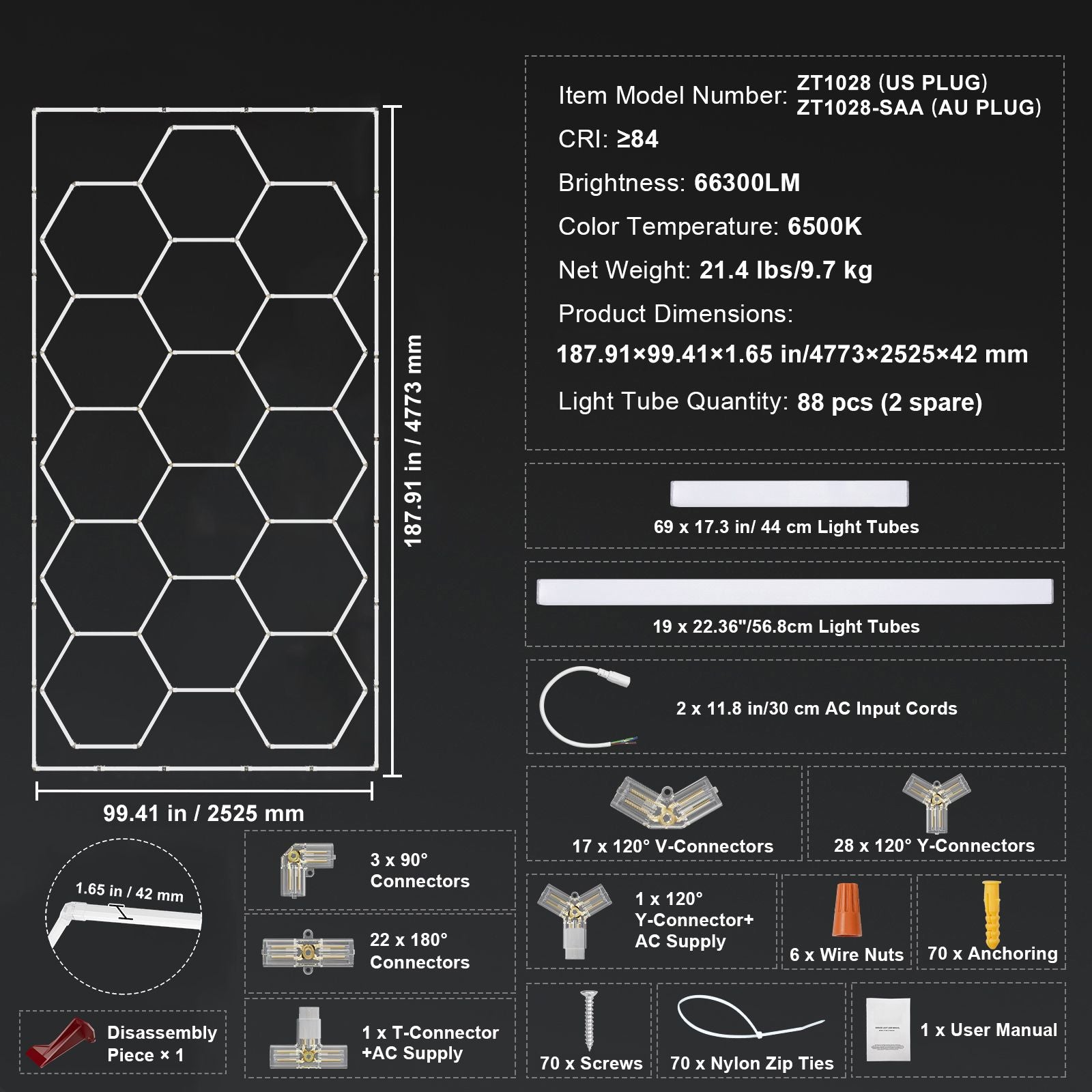 Hexagon Garage Lights 66300LM 15 Grids Honeycomb LED Shop Ceiling Light