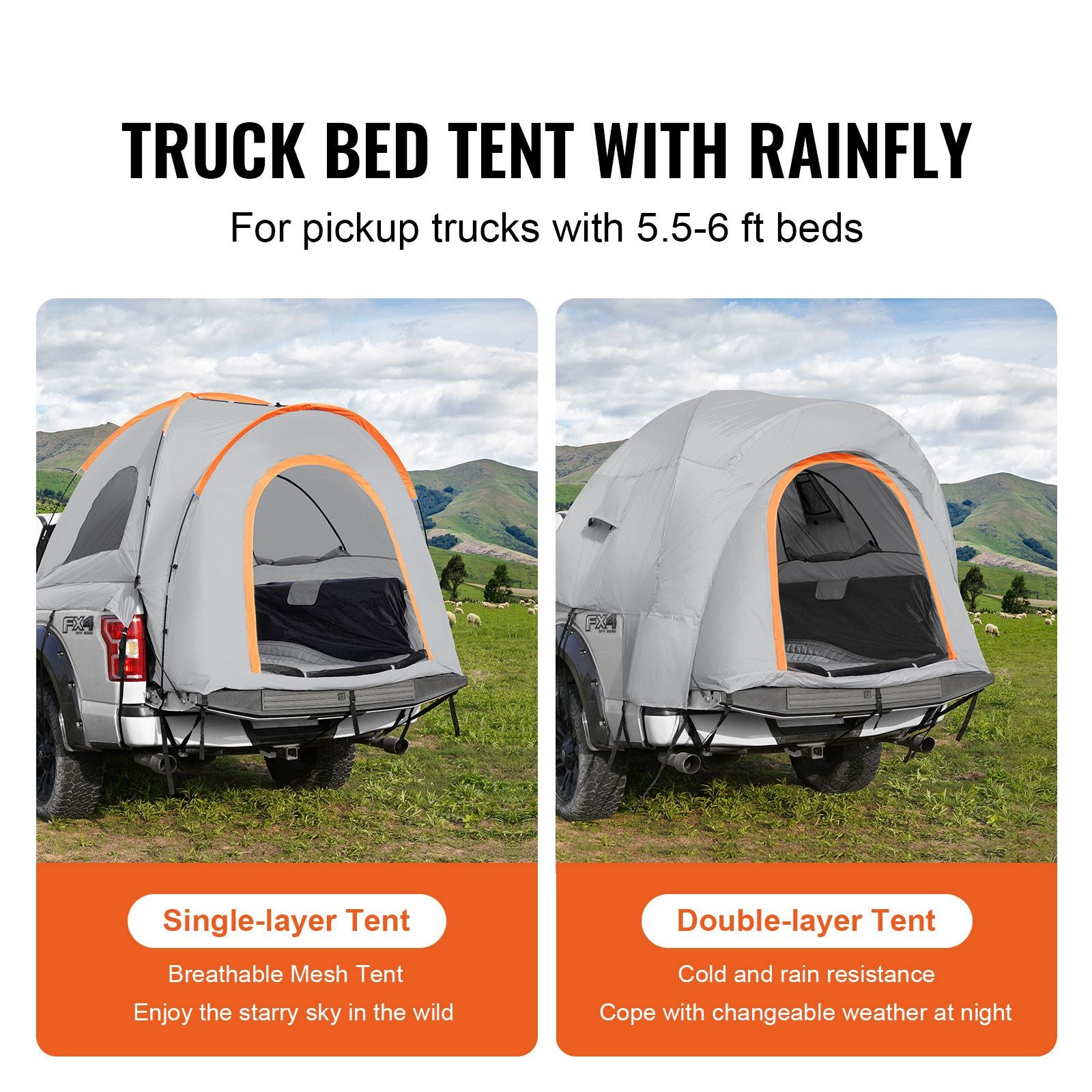 Truck Bed Tent, 6.4'-6.7' Pickup Truck Tent with Rain Layer and Carry Bag, Waterproof PU2000mm Double Layer Truck Tent, Accommodate 2-3 Person, for Camping Traveling Outdoor Activities