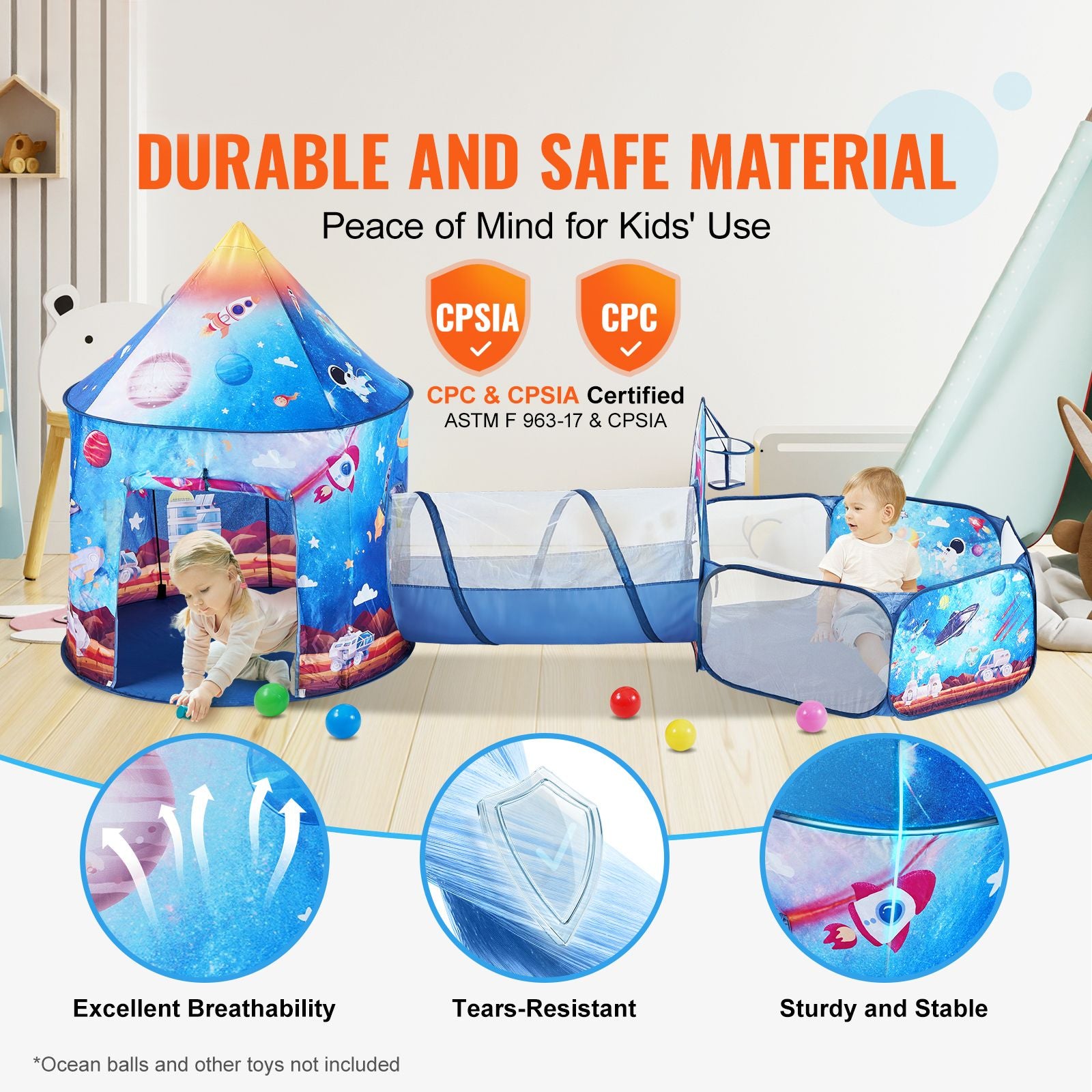 3 in 1 Kids Play Tent with Tunnel for Boys, Girls, Babies and Toddlers, Indoor/Outdoor Pop Up Playhouse with Carrying Bag & Banding Straps Birthday Gifts, Royal Blue Color Rocket Theme