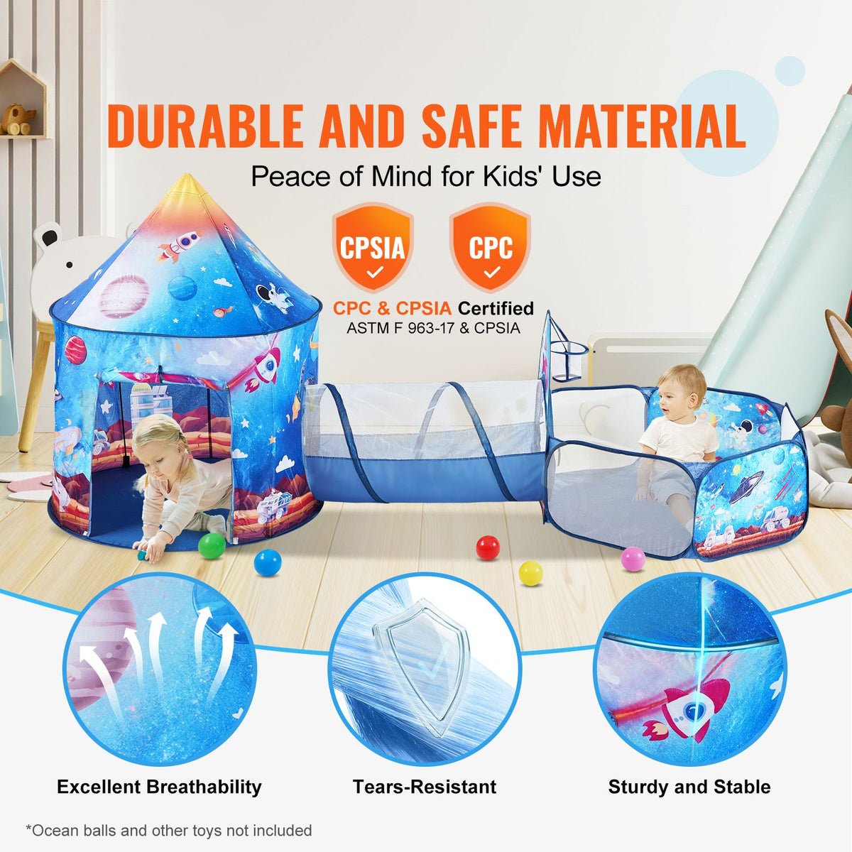 3 in 1 Kids Play Tent with Tunnel for Boys, Girls, Babies and Toddlers, Indoor/Outdoor Pop Up Playhouse with Carrying Bag & Banding Straps Birthday Gifts, Royal Blue Color Rocket Theme