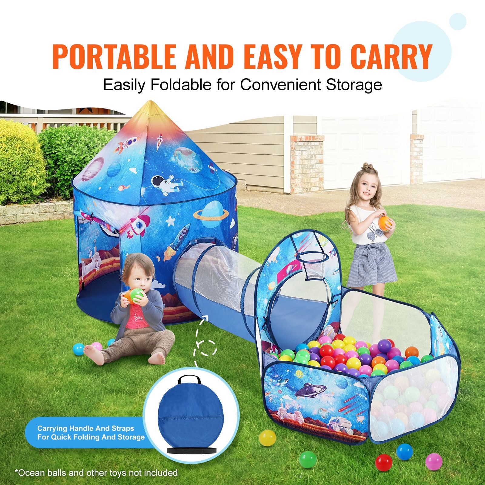 3 in 1 Kids Play Tent with Tunnel for Boys, Girls, Babies and Toddlers, Indoor/Outdoor Pop Up Playhouse with Carrying Bag & Banding Straps Birthday Gifts, Royal Blue Color Rocket Theme