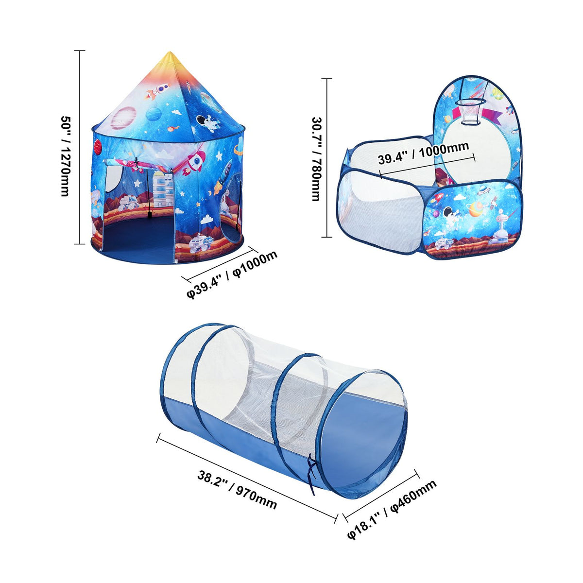 3 in 1 Kids Play Tent with Tunnel for Boys, Girls, Babies and Toddlers, Indoor/Outdoor Pop Up Playhouse with Carrying Bag & Banding Straps Birthday Gifts, Royal Blue Color Rocket Theme