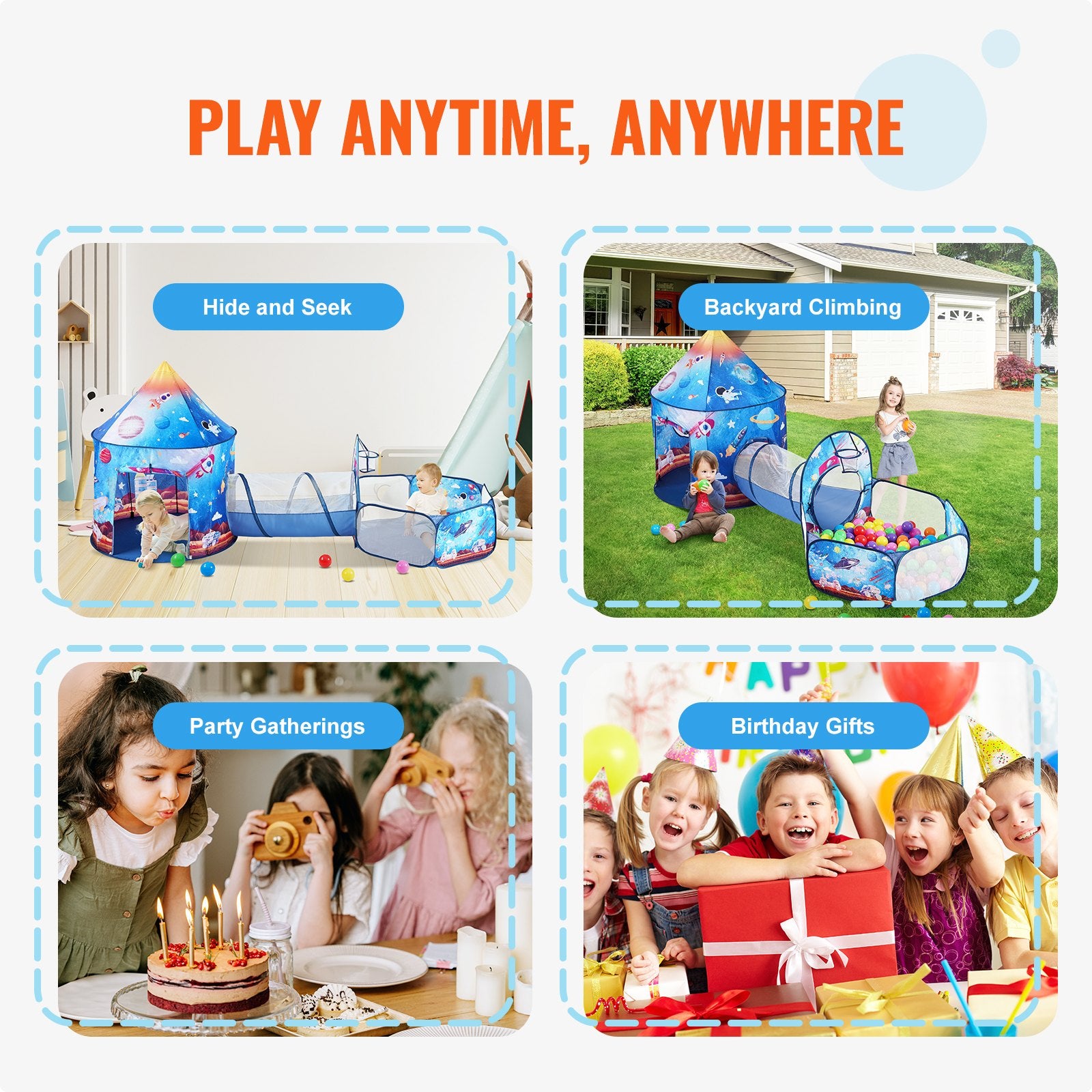 3 in 1 Kids Play Tent with Tunnel for Boys, Girls, Babies and Toddlers, Indoor/Outdoor Pop Up Playhouse with Carrying Bag & Banding Straps Birthday Gifts, Royal Blue Color Rocket Theme