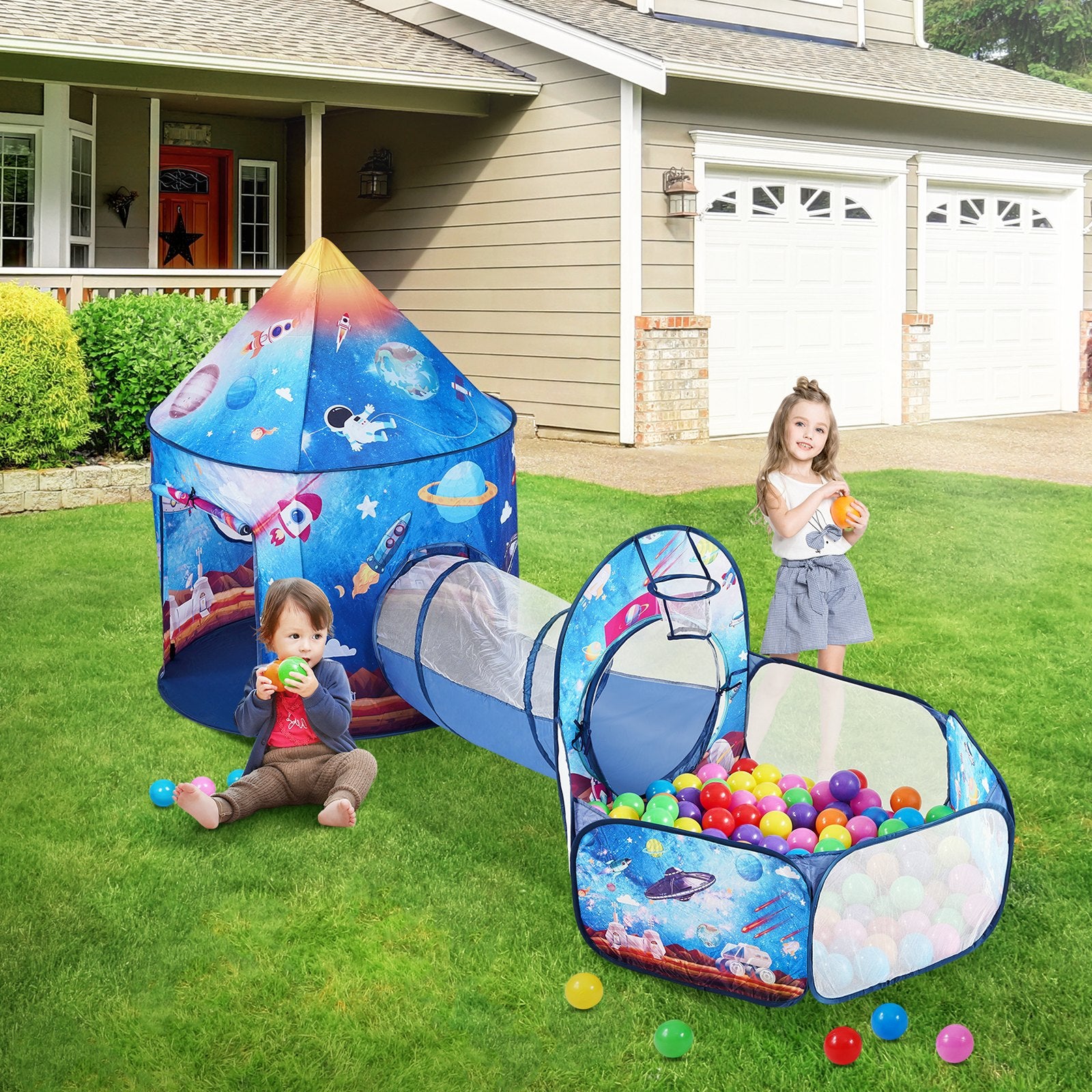 3 in 1 Kids Play Tent with Tunnel for Boys, Girls, Babies and Toddlers, Indoor/Outdoor Pop Up Playhouse with Carrying Bag & Banding Straps Birthday Gifts, Royal Blue Color Rocket Theme