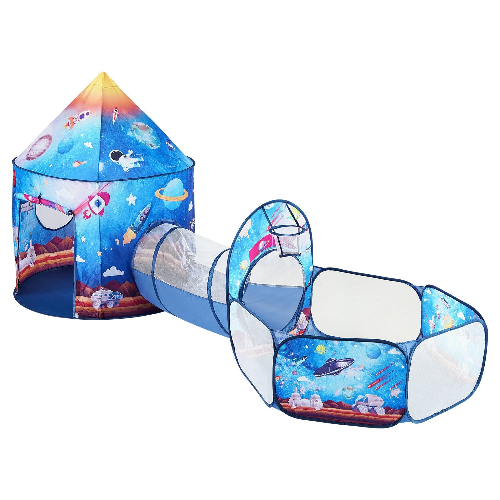 3 in 1 Kids Play Tent with Tunnel for Boys, Girls, Babies and Toddlers, Indoor/Outdoor Pop Up Playhouse with Carrying Bag & Banding Straps Birthday Gifts, Royal Blue Color Rocket Theme