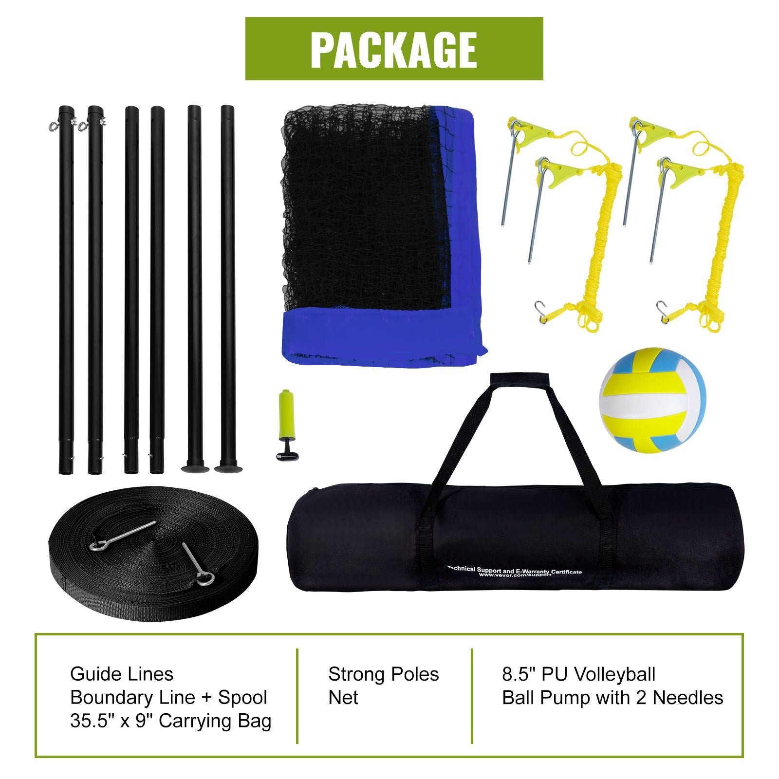 Outdoor Portable Volleyball Net System, Adjustable Height Steel Poles, Professional Volleyball Set with PVC Volleyball, Pump, Carrying Bag, Heavy Duty Volleyball Net for Backyard, Beach, Lawn