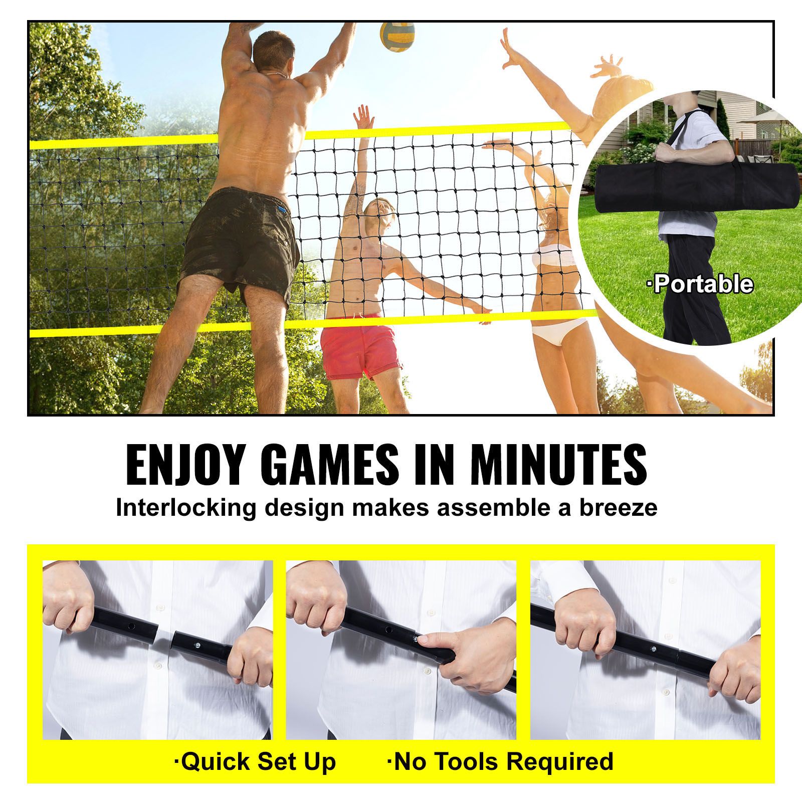 Outdoor Portable Volleyball Net System, Adjustable Height Steel Poles, Professional Volleyball Set with PVC Volleyball, Pump, Carrying Bag, Heavy Duty Volleyball Net for Backyard, Beach, Lawn
