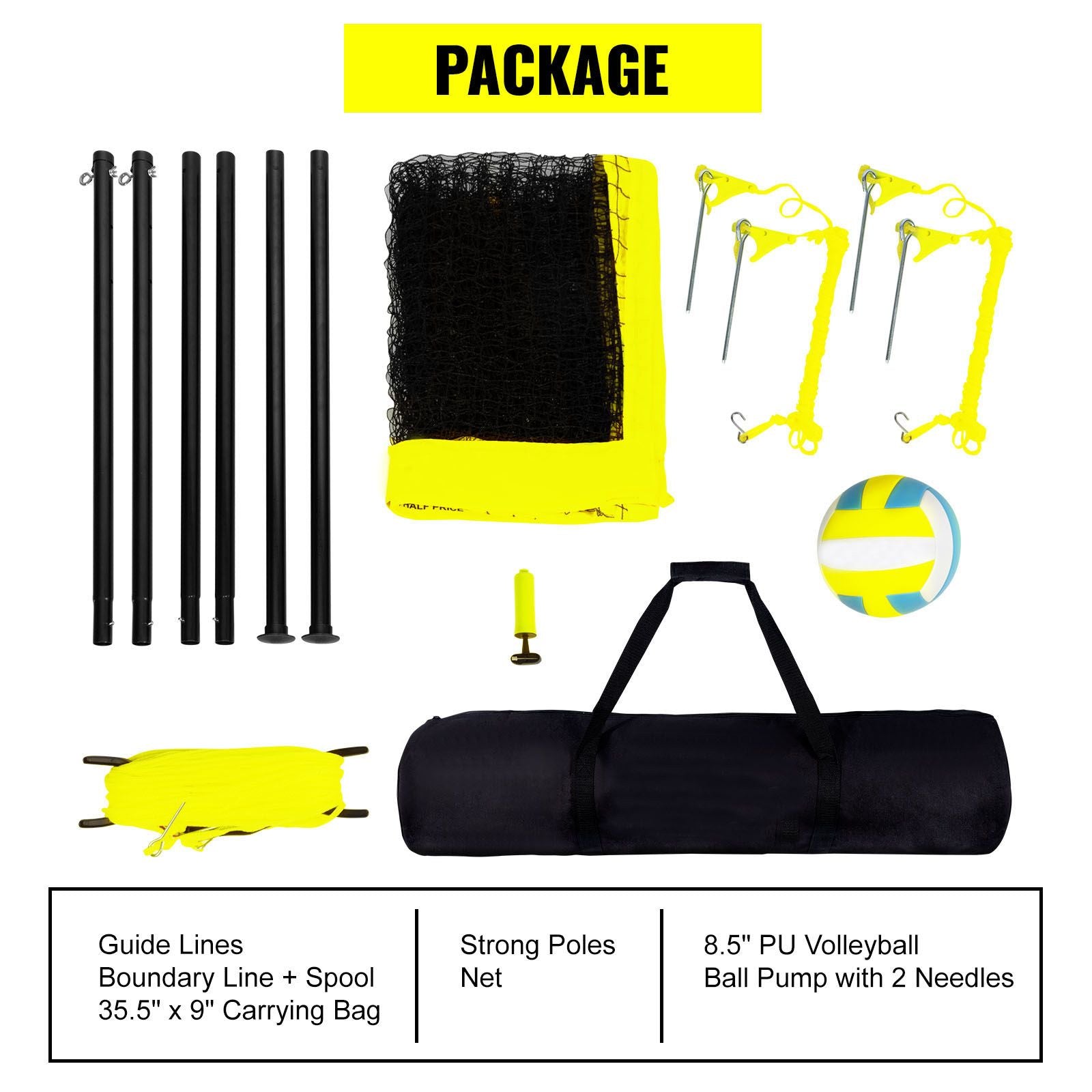 Outdoor Portable Volleyball Net System, Adjustable Height Steel Poles, Professional Volleyball Set with PVC Volleyball, Pump, Carrying Bag, Heavy Duty Volleyball Net for Backyard, Beach, Lawn