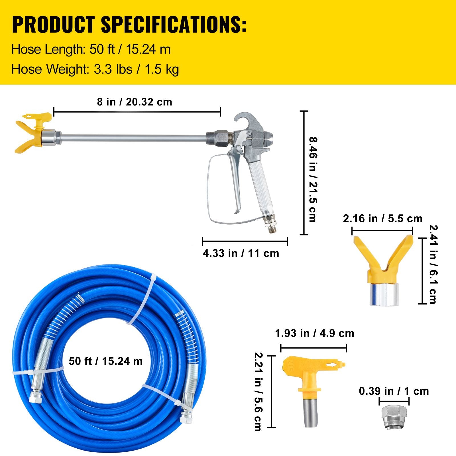 Airless Paint Spray Hose Kit 50ft 1/4in Swivel Joint 3600psi with 517 Tip