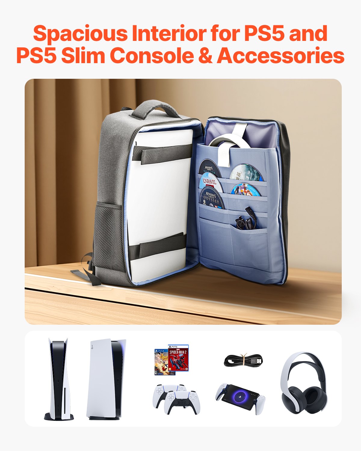 VEVOR PS5 Backpack Dual Shoulder Travel Bag for Playstation 5 PS5 Slim Nylon