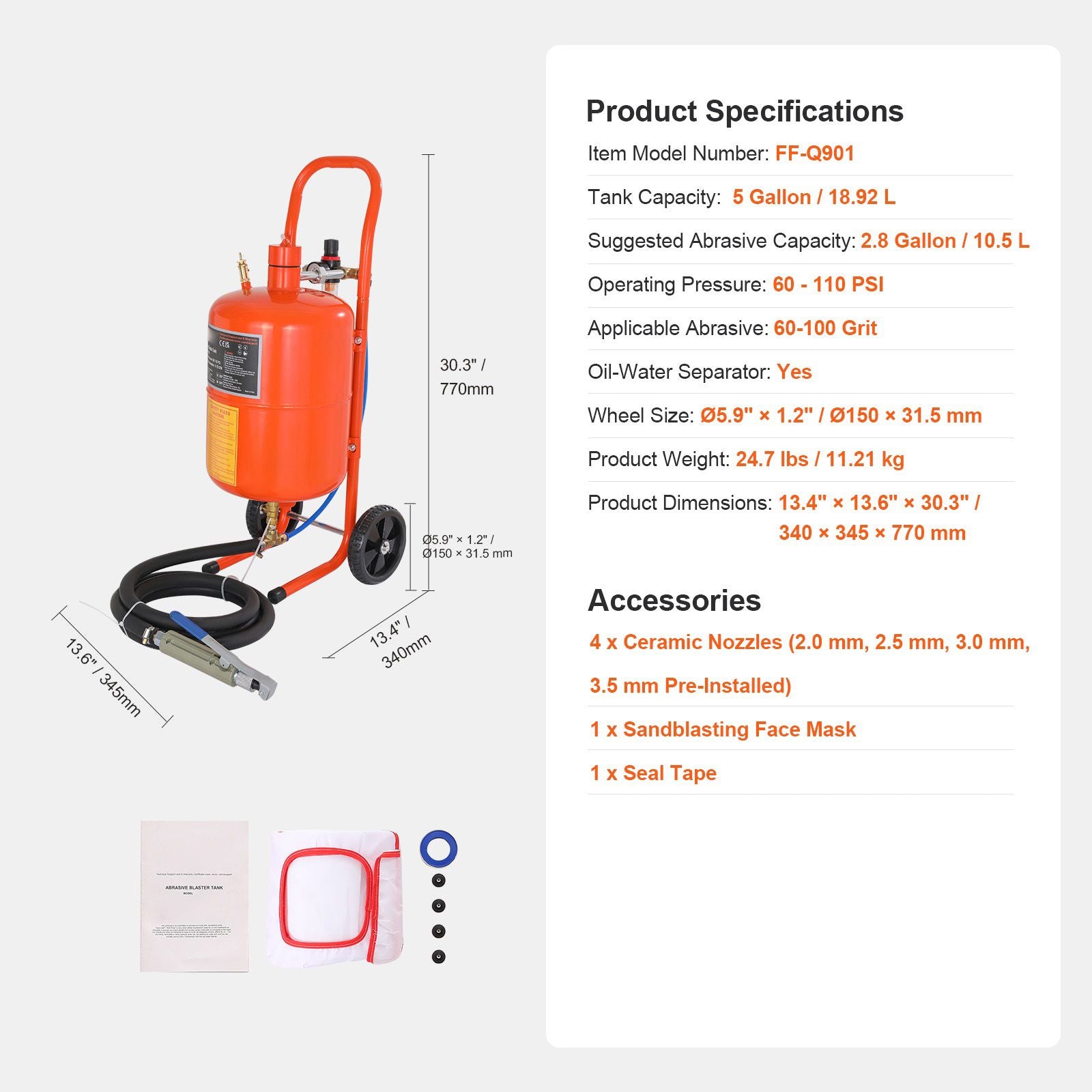 5 Gallon Sand Blaster 60-110 PSI High Pressure Sandblaster with 4 Nozzles