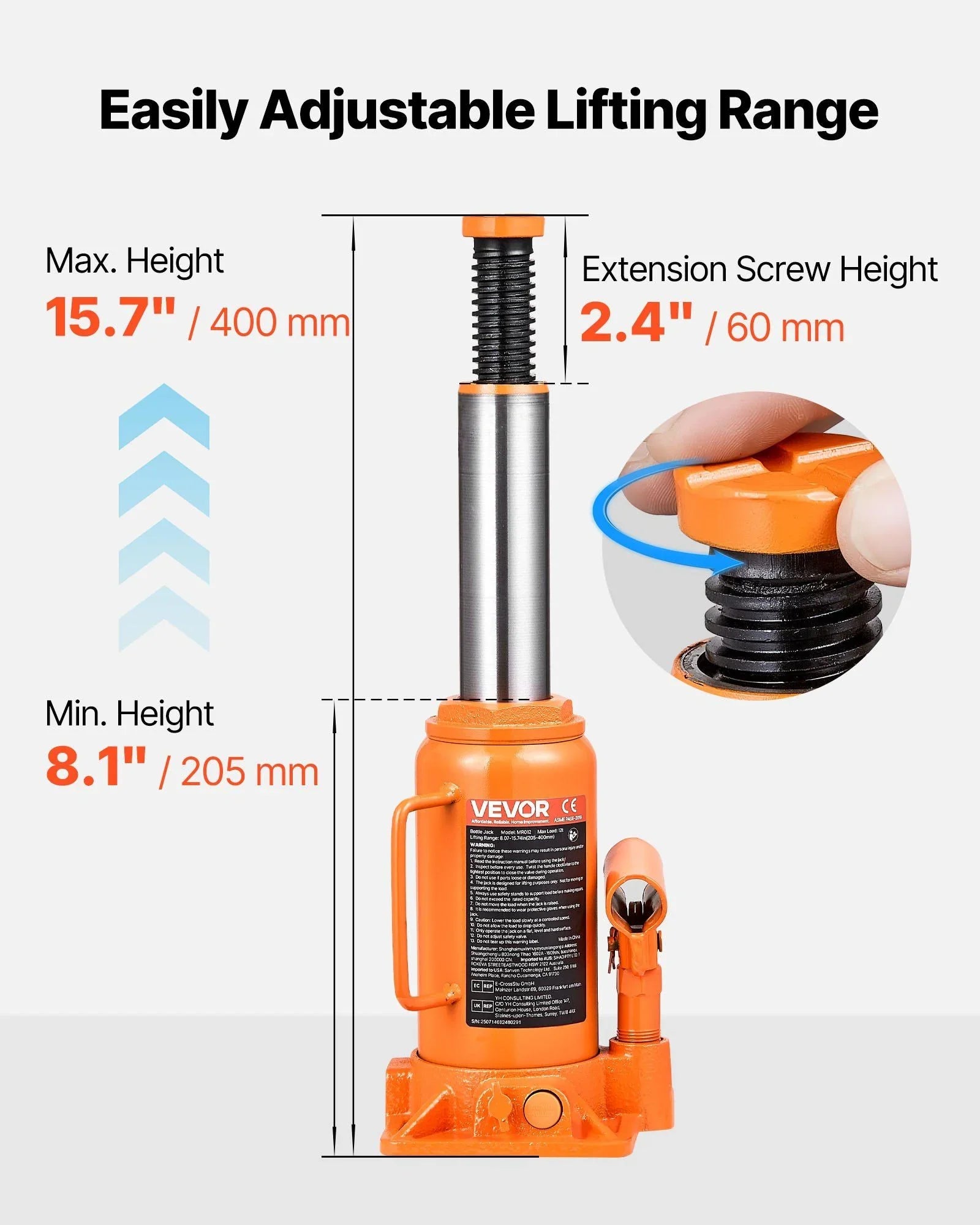 Hydraulic Bottle Jack, 12 Ton (26455.5 lbs) Capacity, 205-400 mm Lifting Range, Heavy Duty Welded Bottle Jack for Car, SUV, Pickup, Auto Repair, House Lift and Agricultural Equipment, Orange
