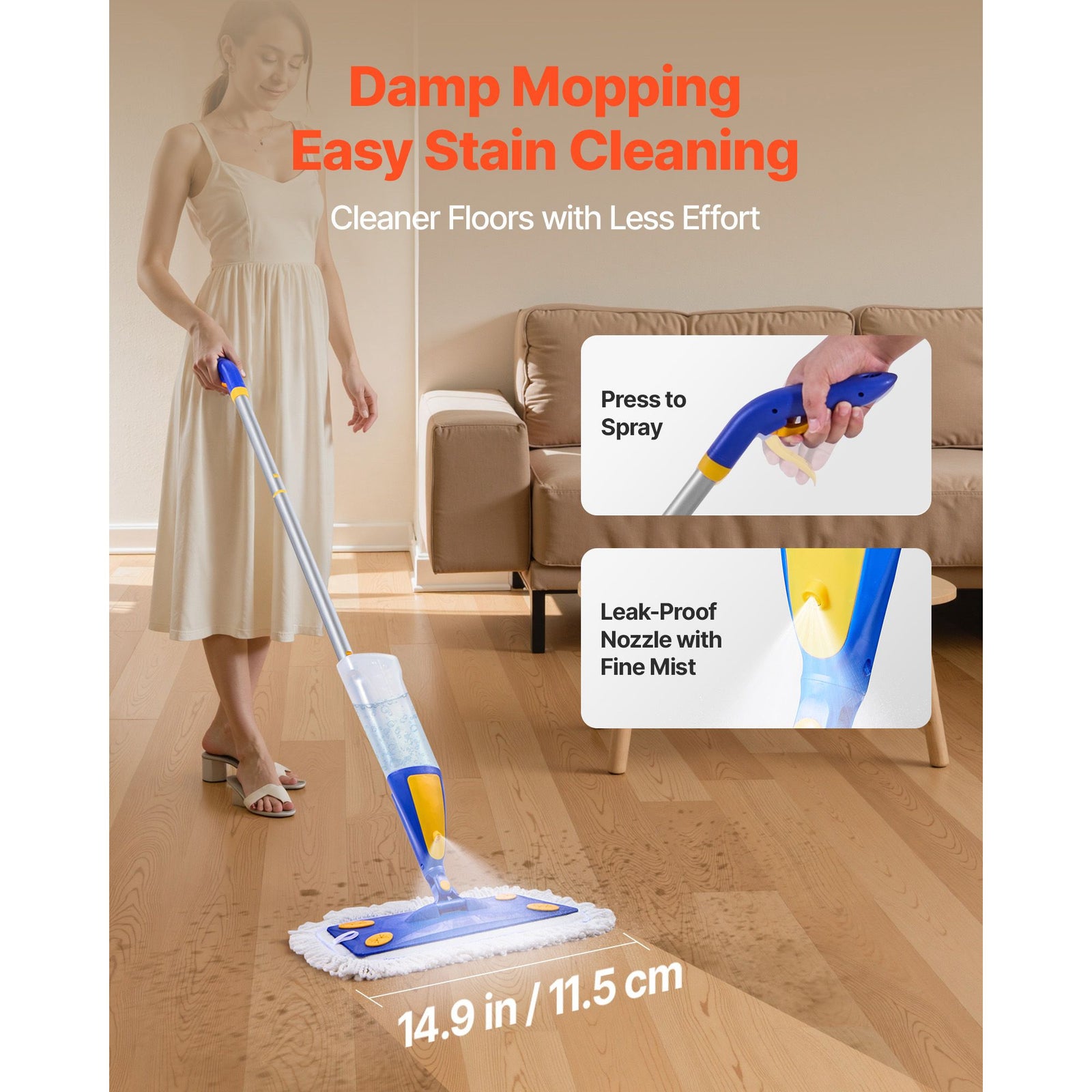 Spray Mop, with 3 Washable Pads for Dry and Wet Floor Cleaning & an 800ml Refillable Water Tank, Microfiber Dust Wet Mop & Twisted Cotton Dry Mop, Commercial Home Use for Tiles/Vinyl/Wood Floor
