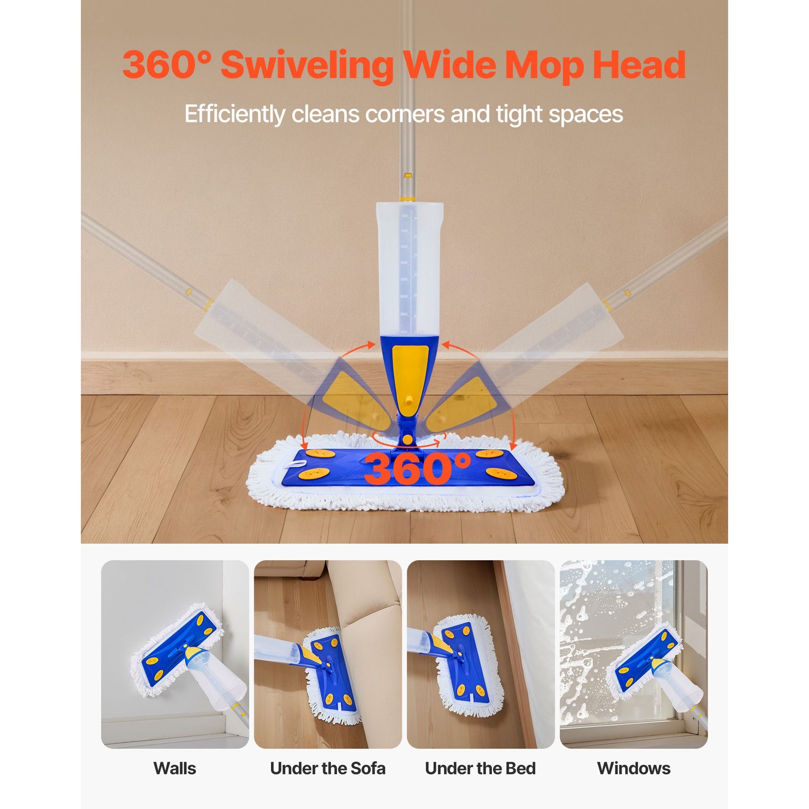 Spray Mop, with 3 Washable Pads for Dry and Wet Floor Cleaning & an 800ml Refillable Water Tank, Microfiber Dust Wet Mop & Twisted Cotton Dry Mop, Commercial Home Use for Tiles/Vinyl/Wood Floor