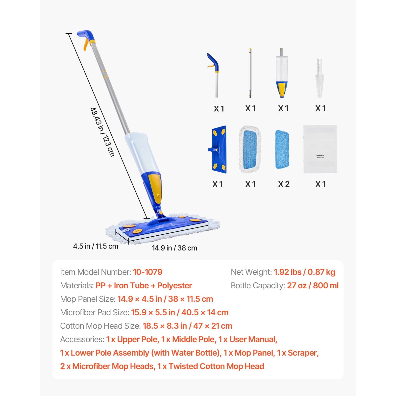 Spray Mop, with 3 Washable Pads for Dry and Wet Floor Cleaning & an 800ml Refillable Water Tank, Microfiber Dust Wet Mop & Twisted Cotton Dry Mop, Commercial Home Use for Tiles/Vinyl/Wood Floor