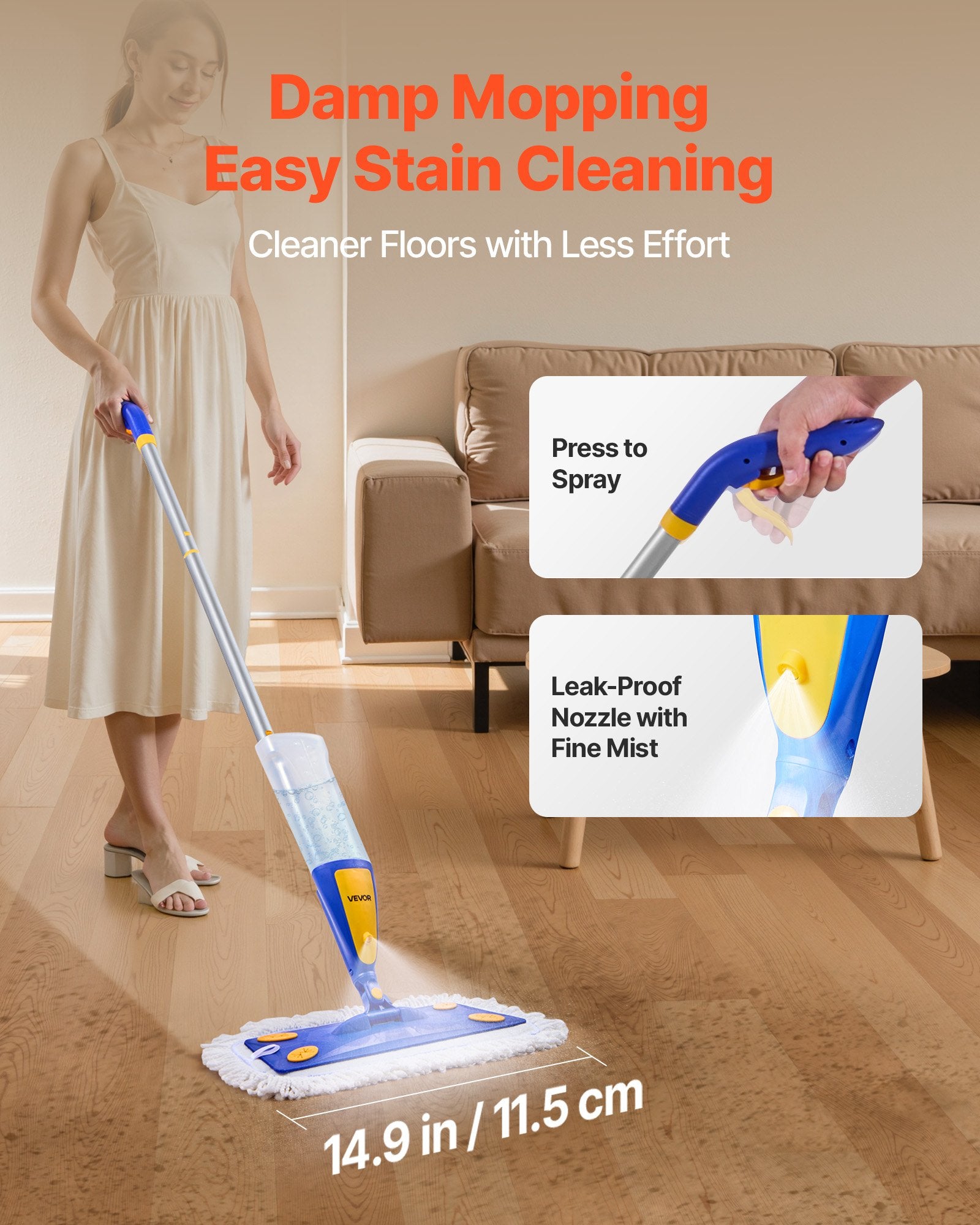 Spray Mop, with 3 Washable Pads for Dry and Wet Floor Cleaning & an 800ml Refillable Water Tank, Microfiber Dust Wet Mop & Twisted Cotton Dry Mop, Commercial Home Use for Tiles/Vinyl/Wood Floor