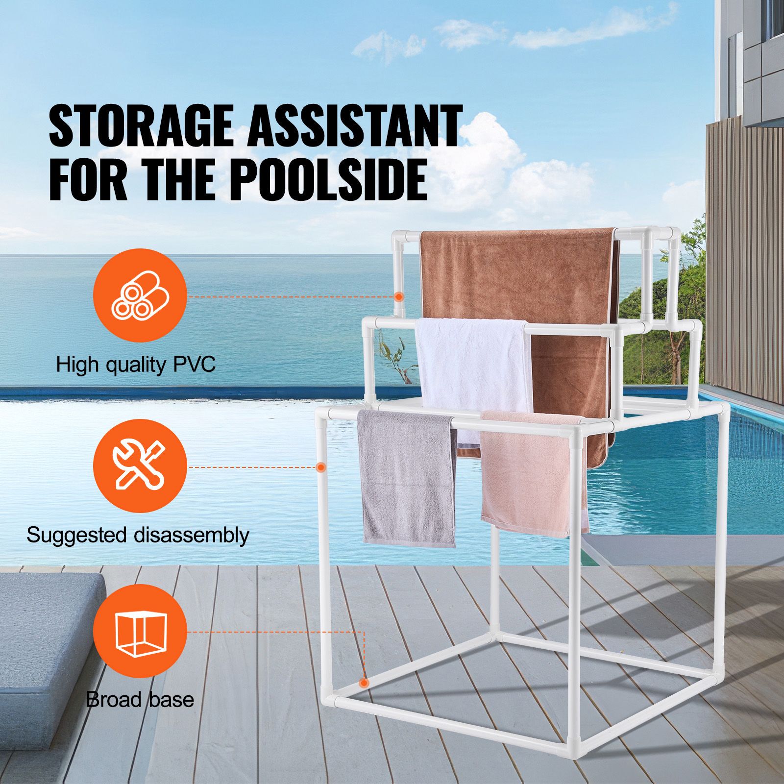 Towel Rack 8-Bar Outdoor PVC Towel Holder for Poolside Spa Bathroom White
