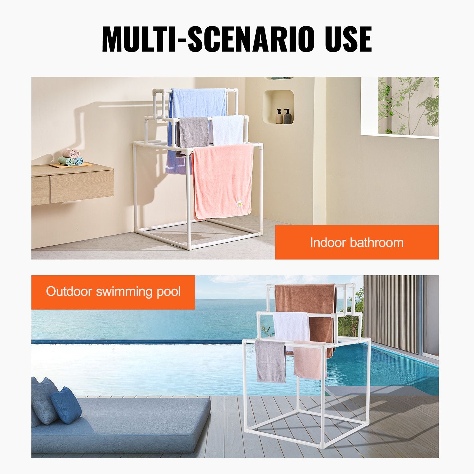 Towel Rack 8-Bar Outdoor PVC Towel Holder for Poolside Spa Bathroom White