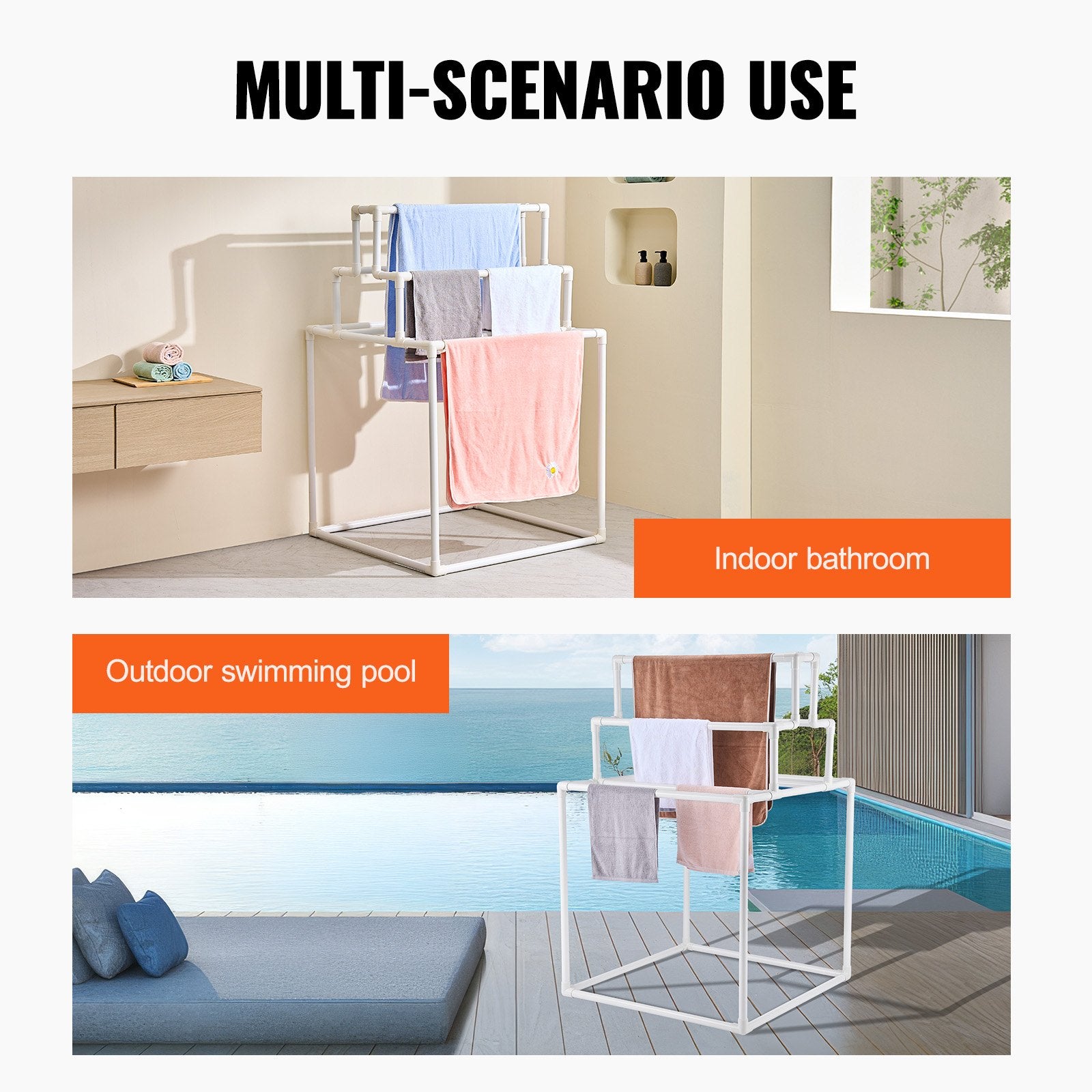 Towel Rack 8-Bar Outdoor PVC Towel Holder for Poolside Spa Bathroom White