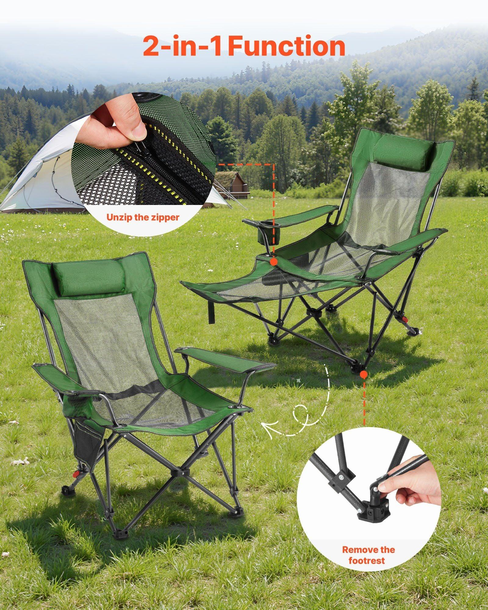 Reclining Camping Chair, 4 Adjustable Positions, Portable Folding Lounger for Adults, Mesh Beach Chair with Headrest & Foot Rest, Supports 220 lbs, Heavy Duty Camp Chairs for Patio, Green