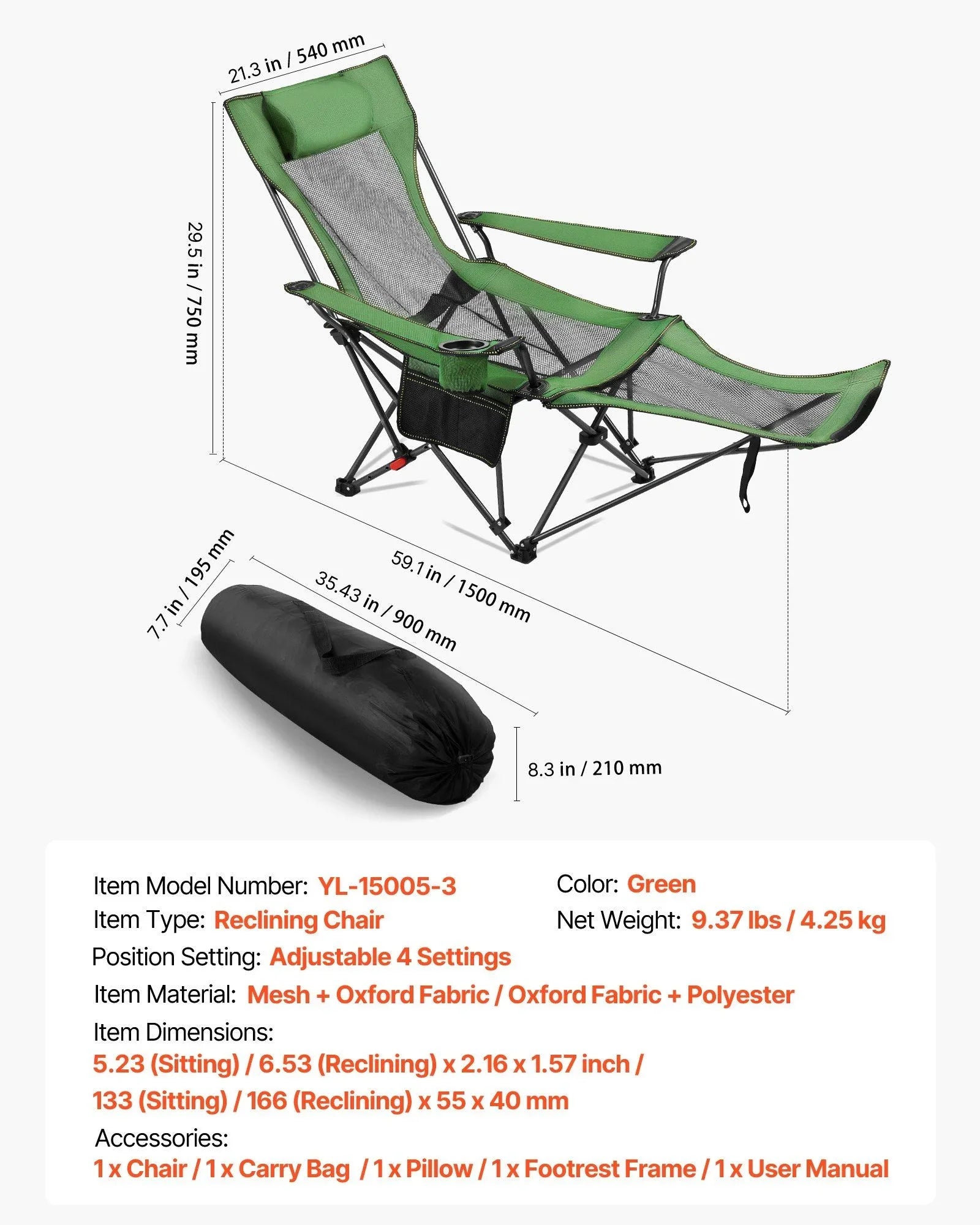 Reclining Camping Chair, 4 Adjustable Positions, Portable Folding Lounger for Adults, Mesh Beach Chair with Headrest & Foot Rest, Supports 220 lbs, Heavy Duty Camp Chairs for Patio, Green