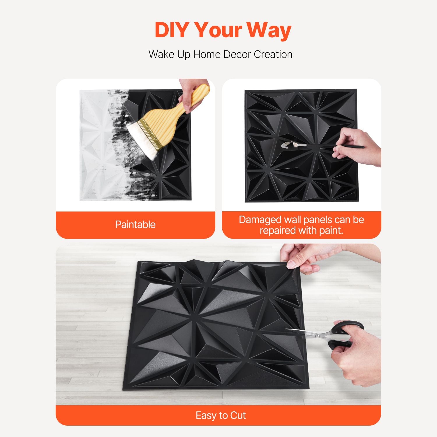 33 Pack 3D PVC Wall Panels Diamond Tiles Matte Black 2.97m² Coverage
