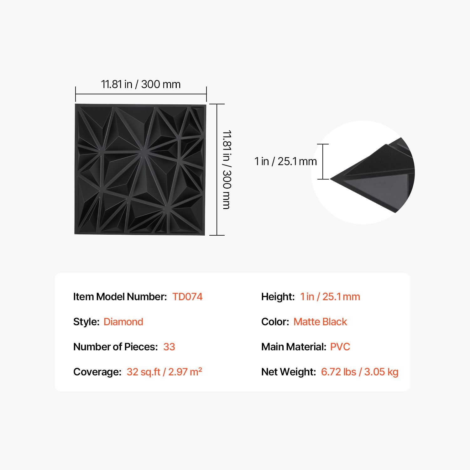 33 Pack 3D PVC Wall Panels Diamond Tiles Matte Black 2.97m² Coverage