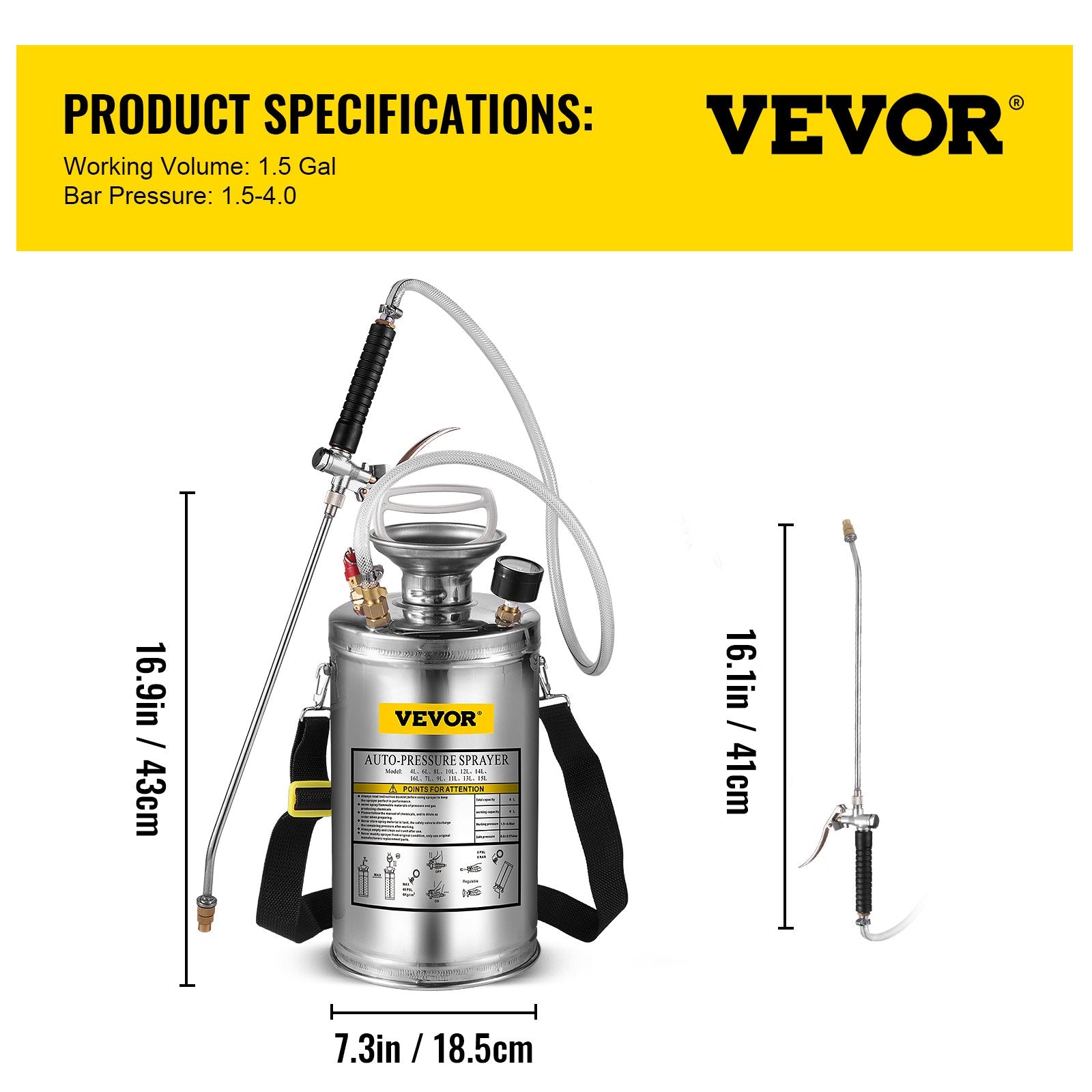 VEVOR 1.5Gal Stainless Steel Sprayer, Set with 16