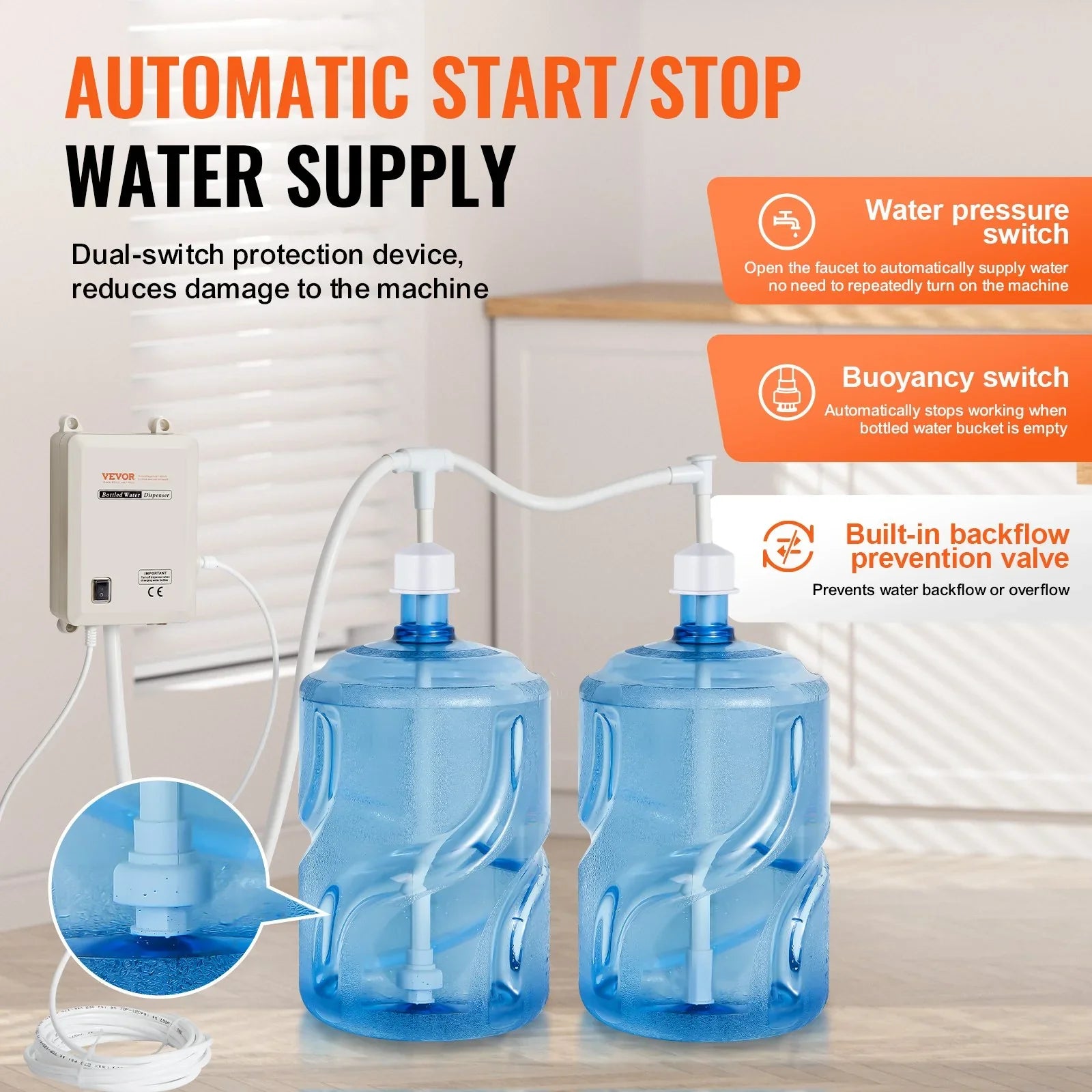 Bottled Water Dispenser Pump System, 2x5 Gallon Dispensing System, Automatic Electric Water Dispenser, Double-Pipe Water Jug Pump, Compatible Use with Coffee/Tea Machine, Refrigerator, Ice Maker