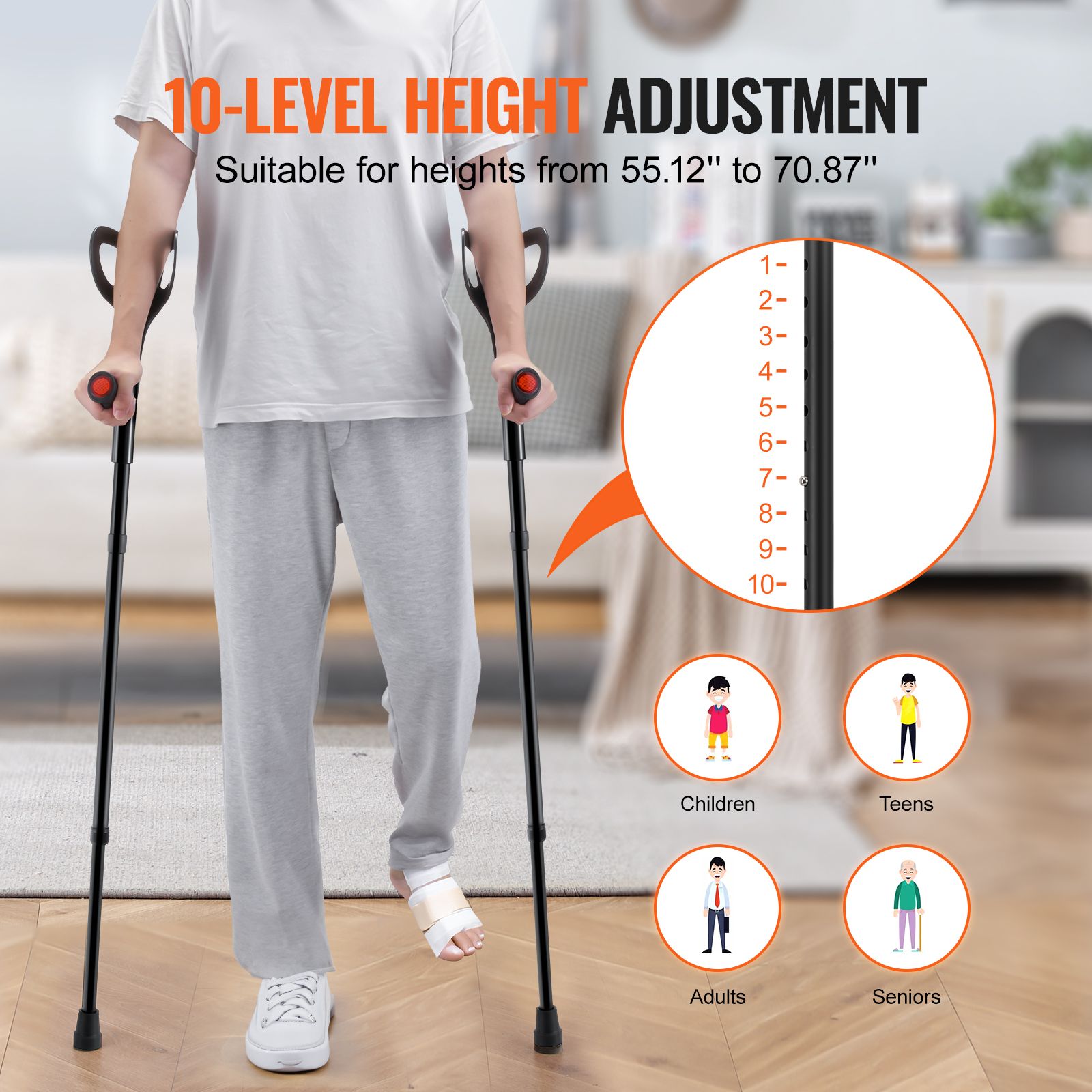 Forearm Crutches 10-Level Height Adjustable Walking Crutches 1 Pair 350LBS