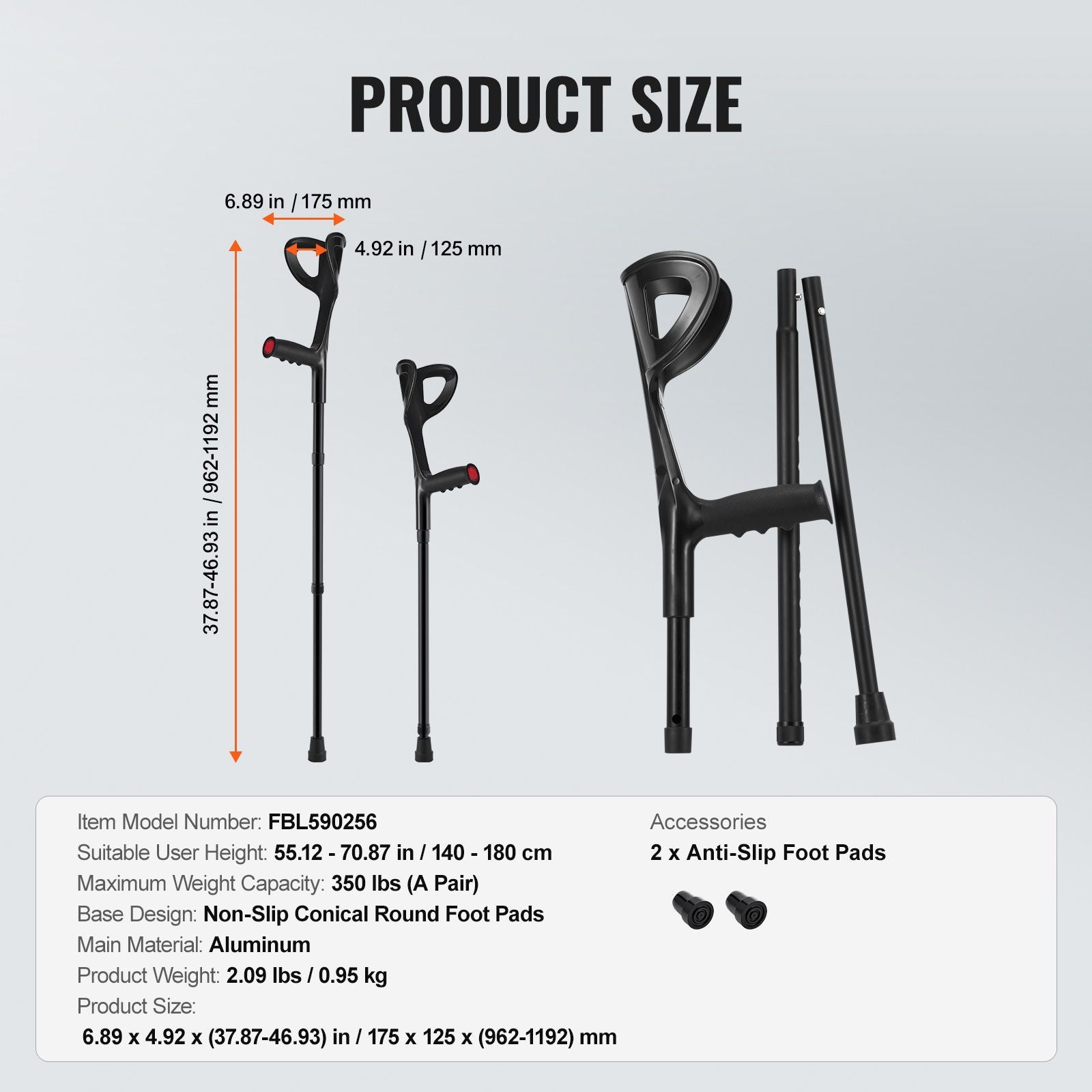 Forearm Crutches 10-Level Height Adjustable Walking Crutches 1 Pair 350LBS