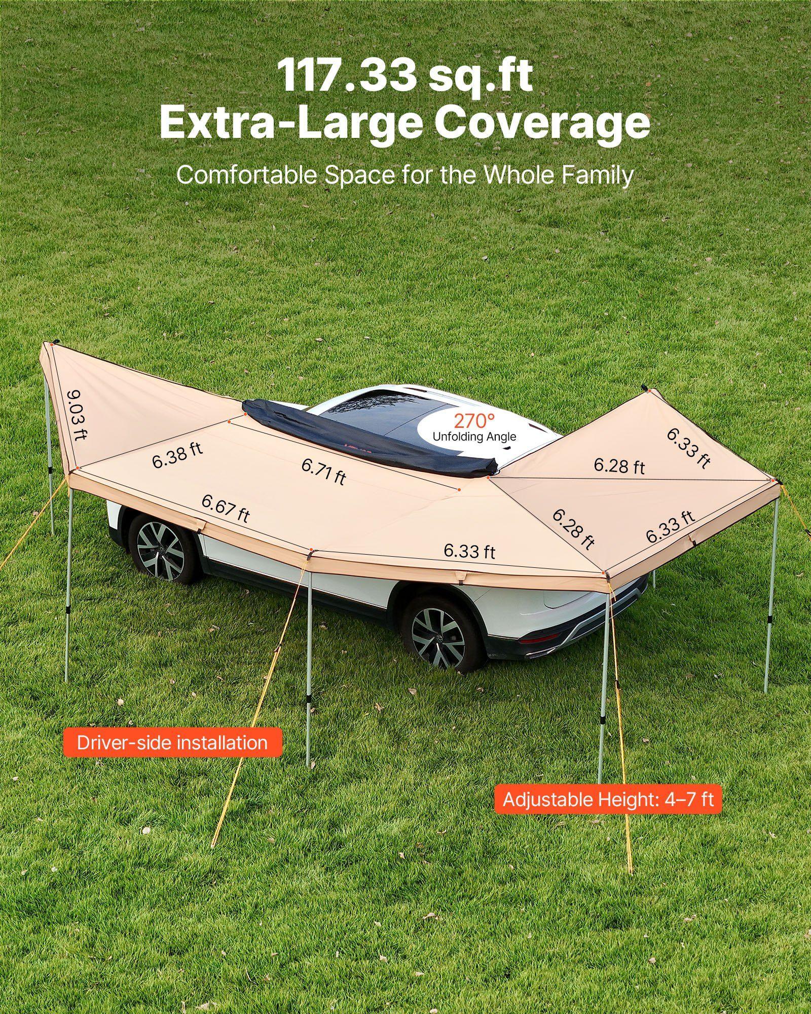 270 Degree Awning with Bulit-in LED Lights, 10.9 ㎡ Driver Side Vehicle Awning, Waterproof UV50+ Car Side Awnings, All-Weather Free-Standing Overland Awnings Car Shelter for SUV Truck Camping
