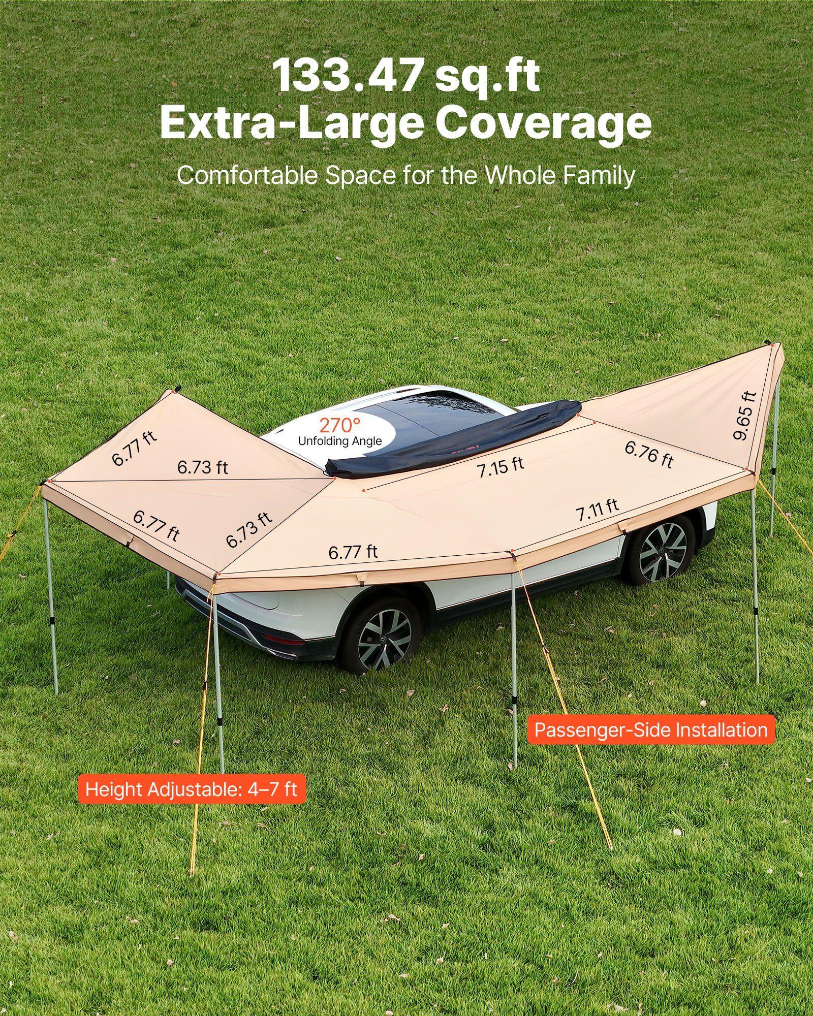 270 Degree Awning, 12.4 ㎡ Driver Side Vehicle Awning, Waterproof UV50+ Car Side Awnings with Carry Bag, All-Weather Free-Standing Overland Awnings Car Shelter for SUV Van Truck Camping