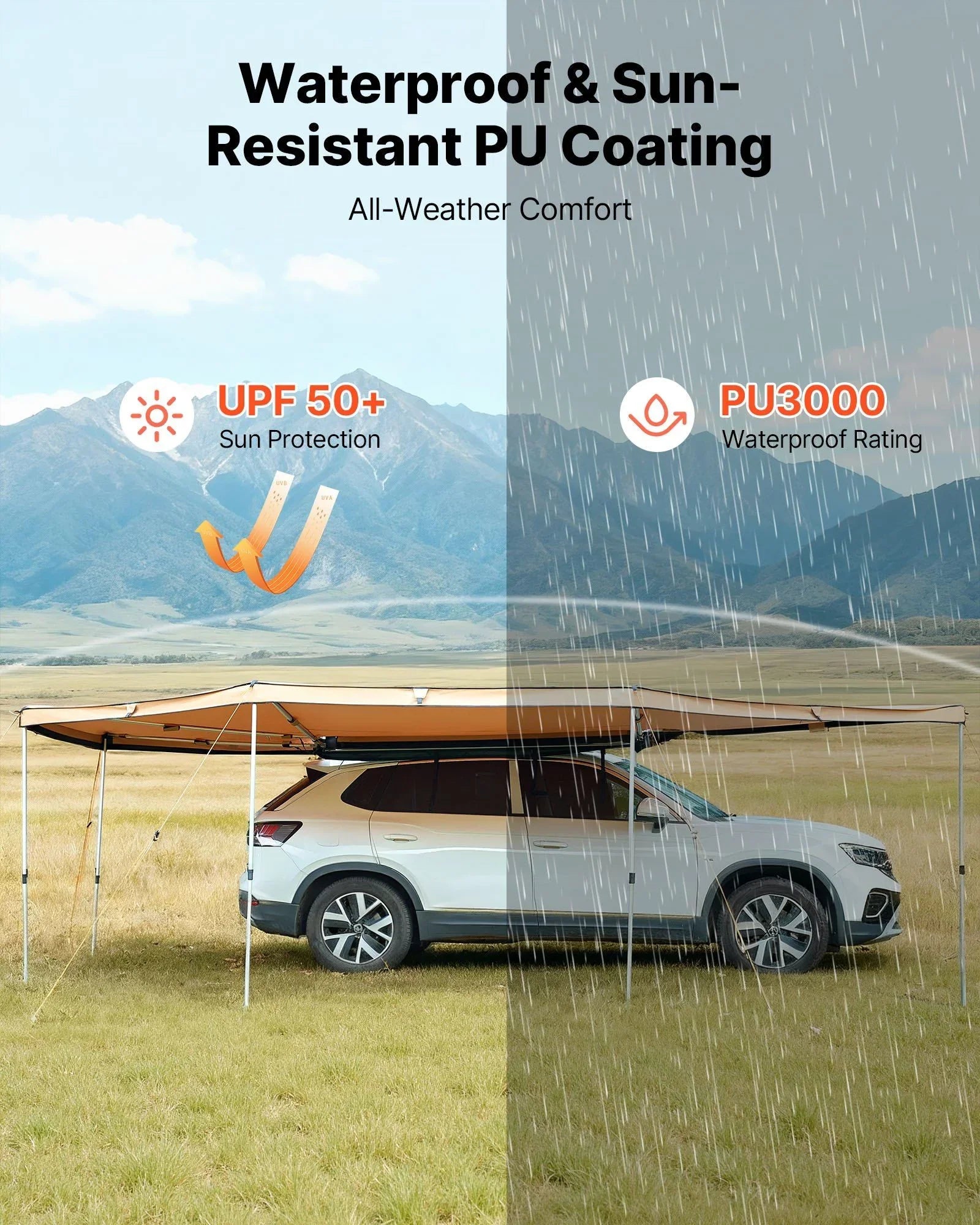 270 Degree Awning, 12.4 ㎡ Driver Side Vehicle Awning, Waterproof UV50+ Car Side Awnings with Carry Bag, All-Weather Free-Standing Overland Awnings Car Shelter for SUV Van Truck Camping