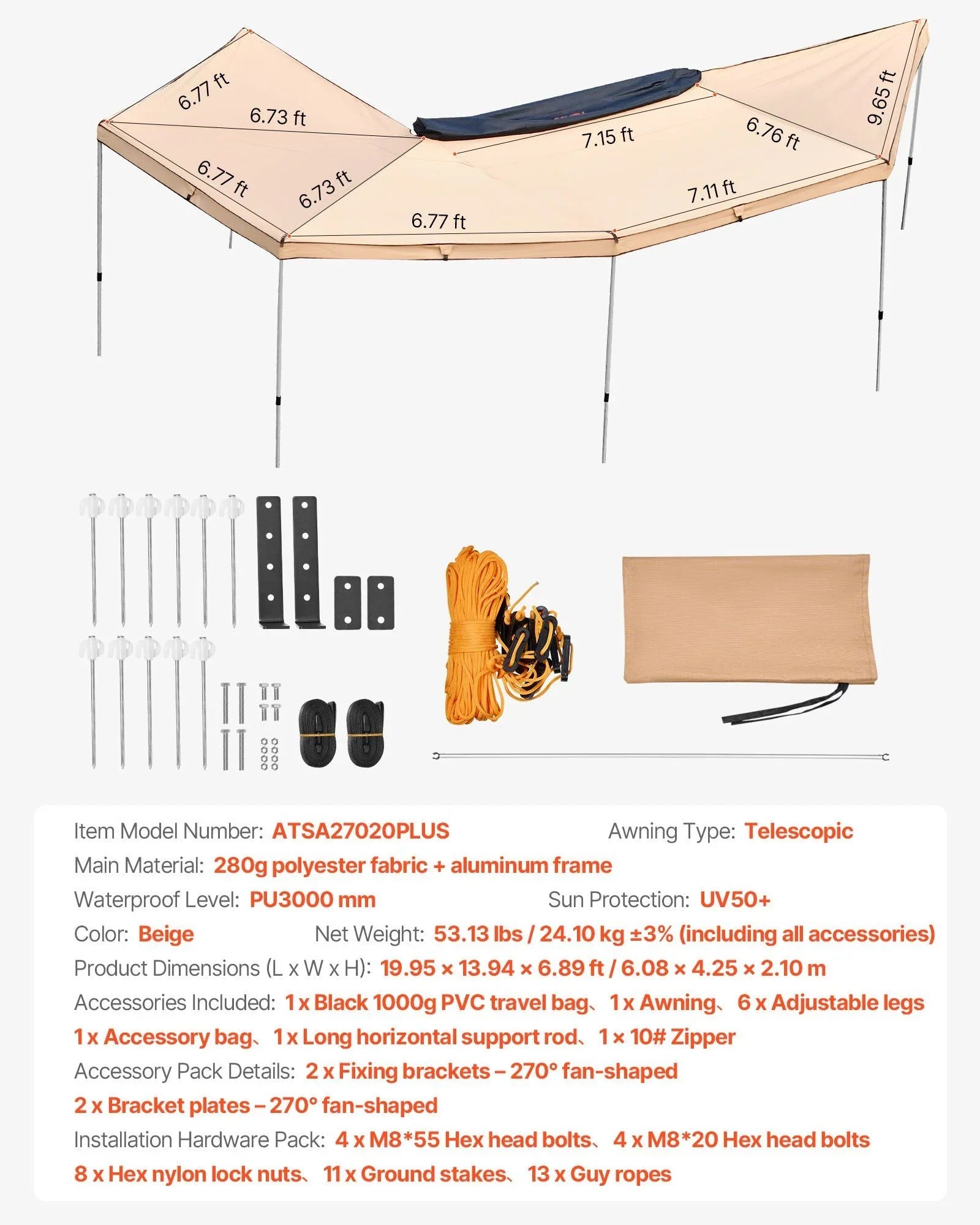 270 Degree Awning, 12.4 ㎡ Driver Side Vehicle Awning, Waterproof UV50+ Car Side Awnings with Carry Bag, All-Weather Free-Standing Overland Awnings Car Shelter for SUV Van Truck Camping