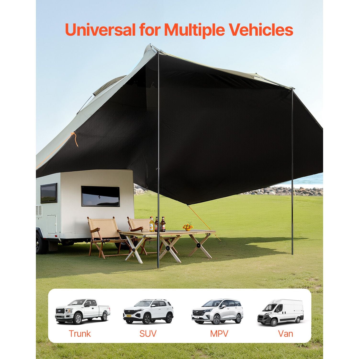 Vehicle Awning, Large 10' x 7' Shade Coverage Car Side Awning, PU2000mm UV50+ Car Awning with Extended Side Canopies and Portable Storage Bag, Suitable for Truck, SUV, Van, Campers