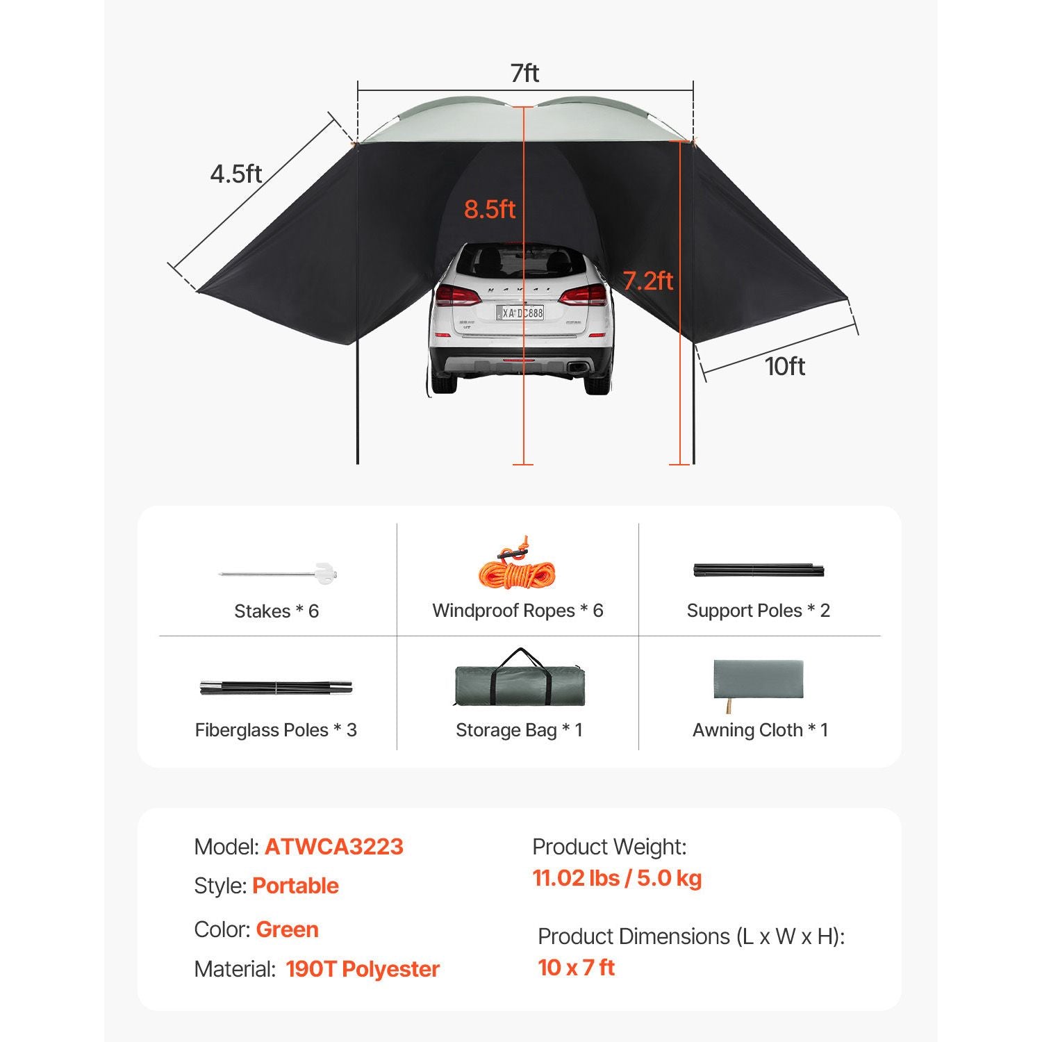 Vehicle Awning, Large 10' x 7' Shade Coverage Car Side Awning, PU2000mm UV50+ Car Awning with Extended Side Canopies and Portable Storage Bag, Suitable for Truck, SUV, Van, Campers