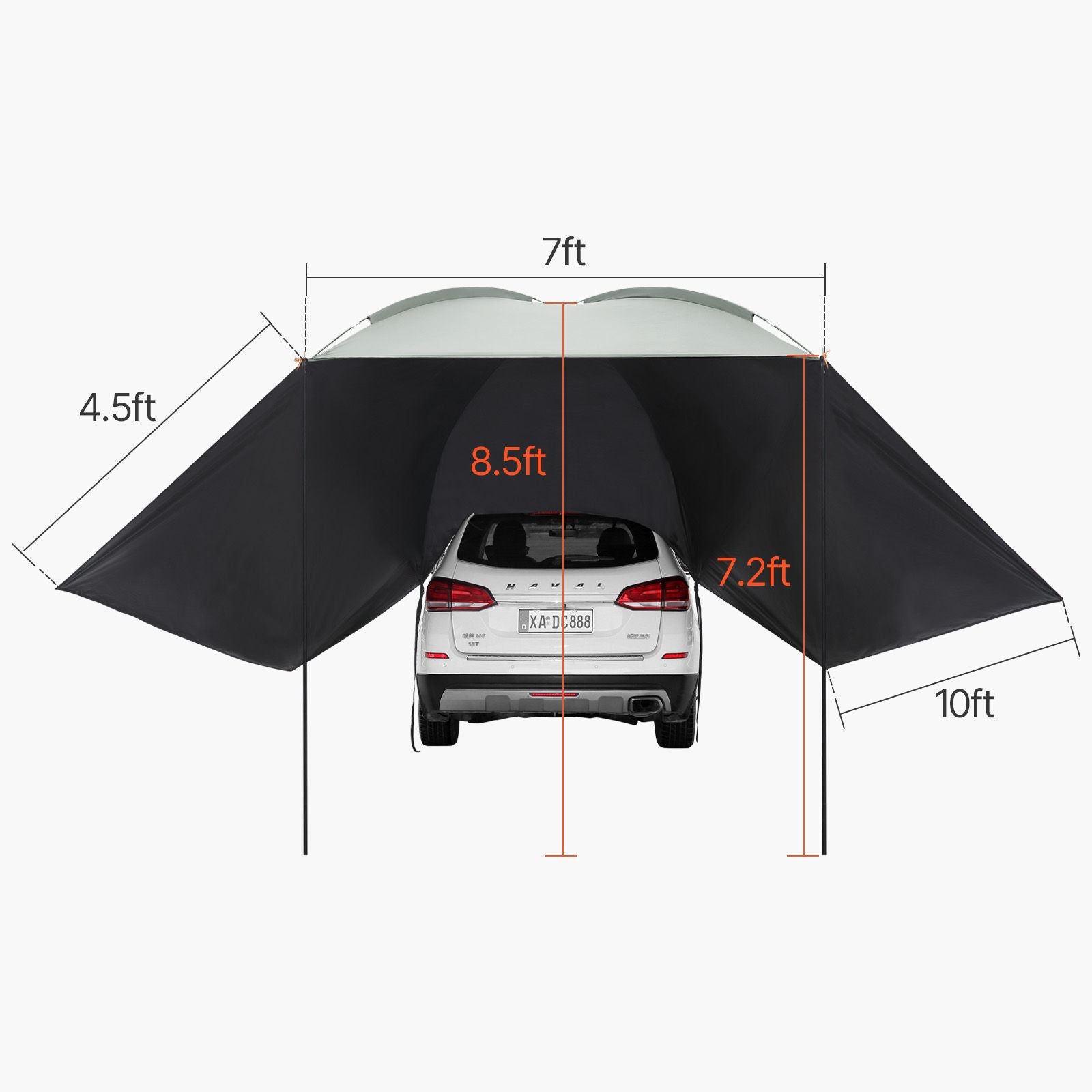 Vehicle Awning, Large 10' x 7' Shade Coverage Car Side Awning, PU2000mm UV50+ Car Awning with Extended Side Canopies and Portable Storage Bag, Suitable for Truck, SUV, Van, Campers