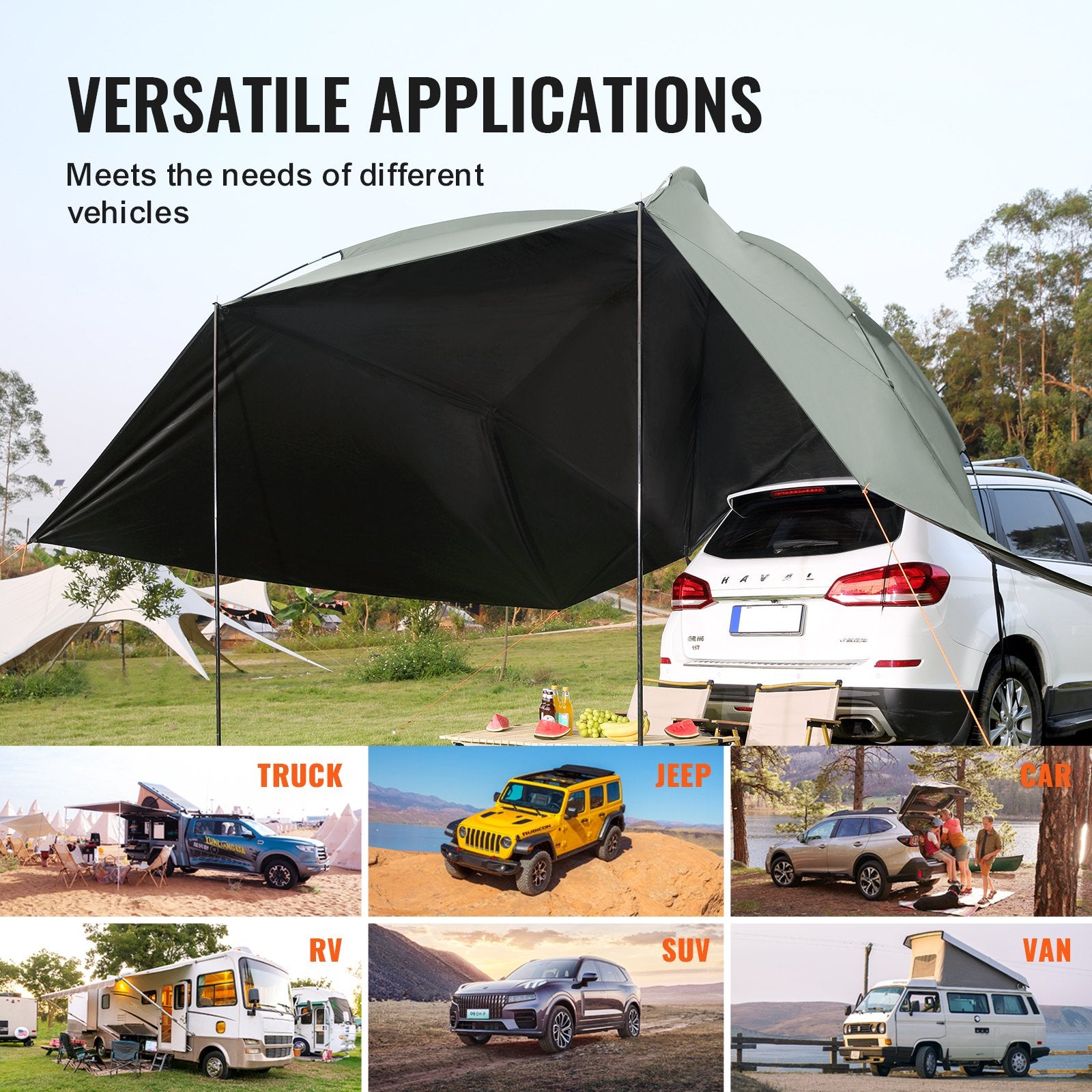 Vehicle Awning, Large 10' x 7' Shade Coverage Car Side Awning, PU2000mm UV50+ Car Awning with Extended Side Canopies and Portable Storage Bag, Suitable for Truck, SUV, Van, Campers